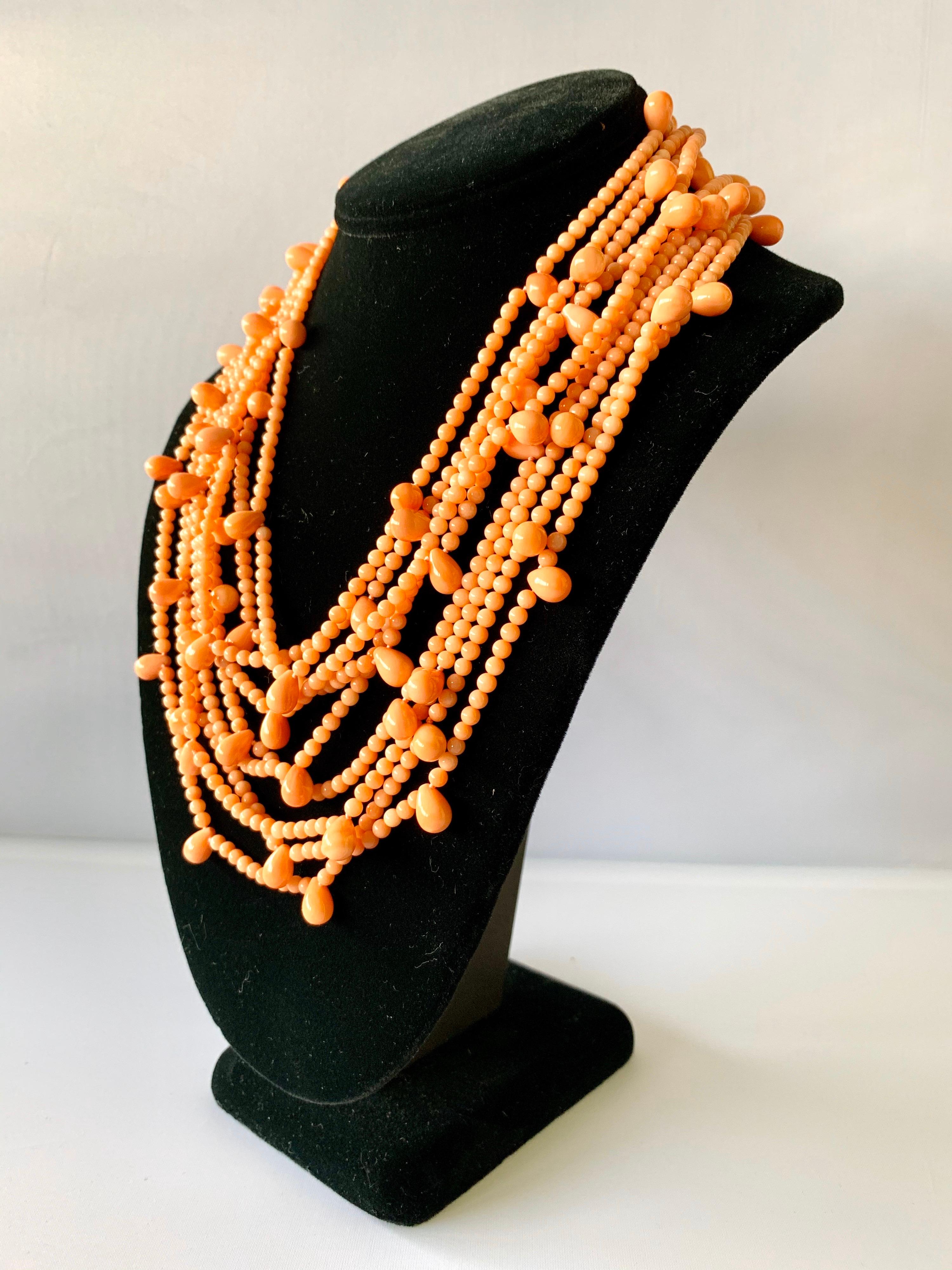 Contemporary Vintage Multi-strand Pink Skin Coral Bib Necklace 