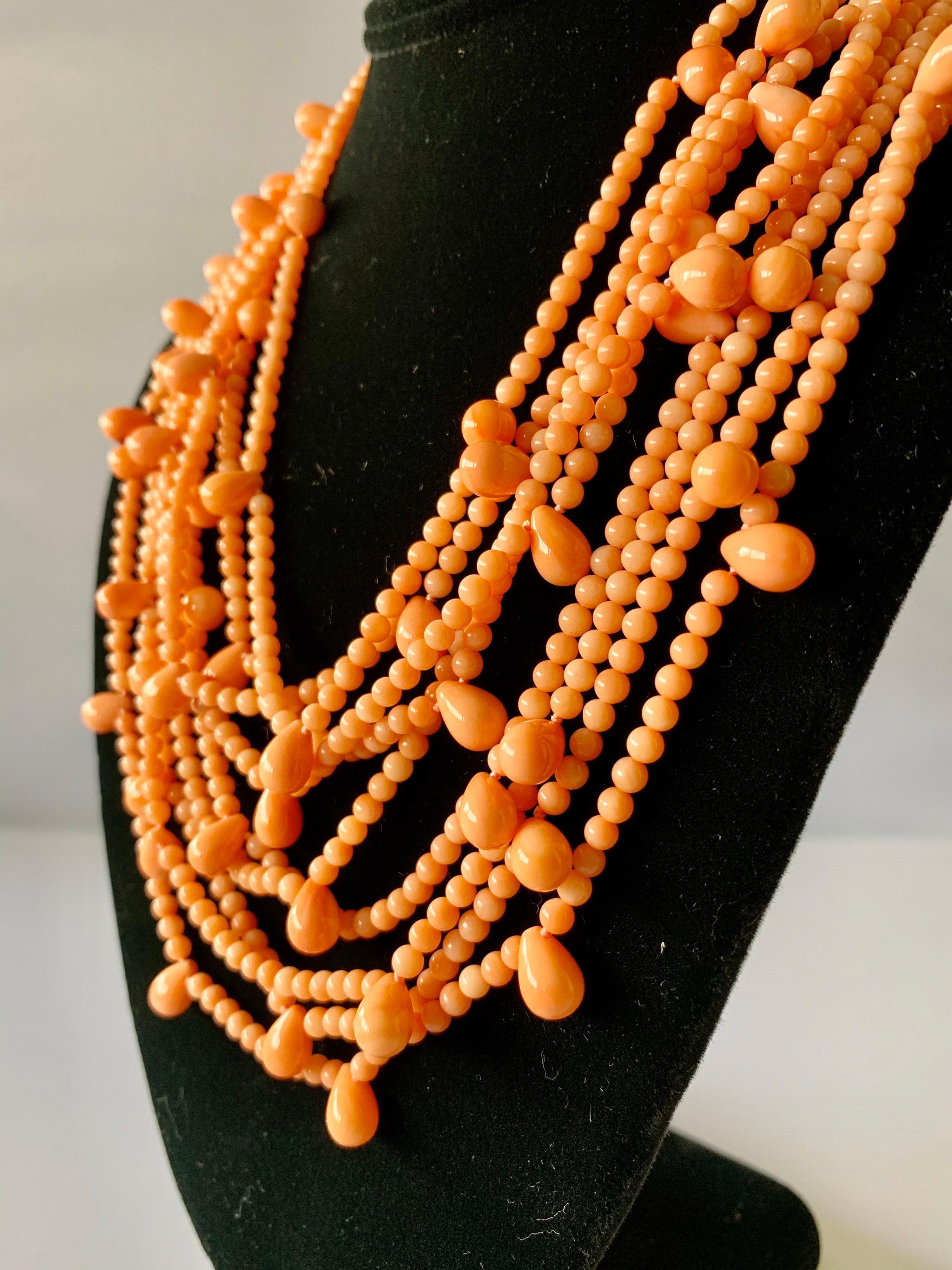 Women's Vintage Multi-strand Pink Skin Coral Bib Necklace 
