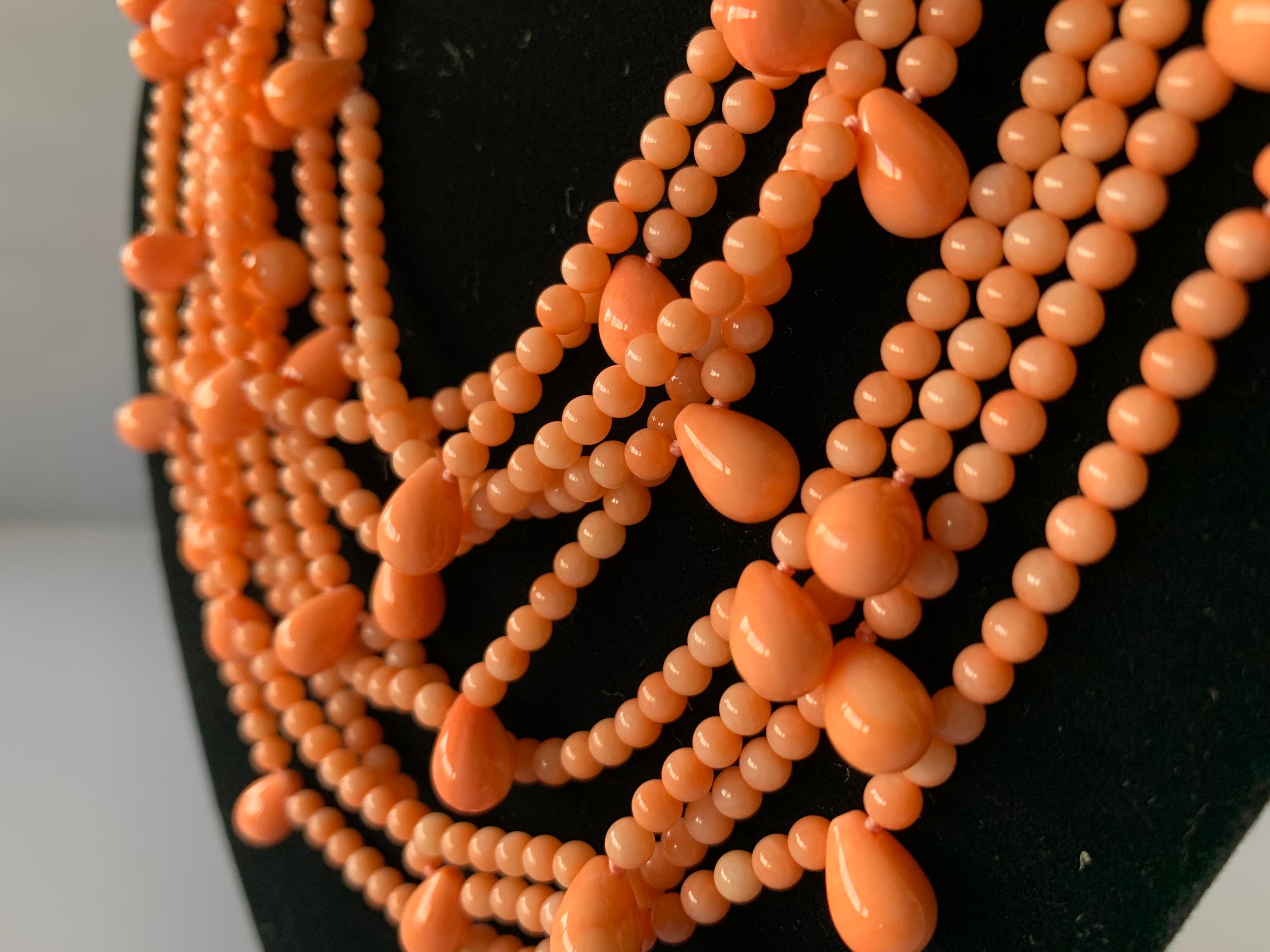 Vintage Multi-strand Pink Skin Coral Bib Necklace  1