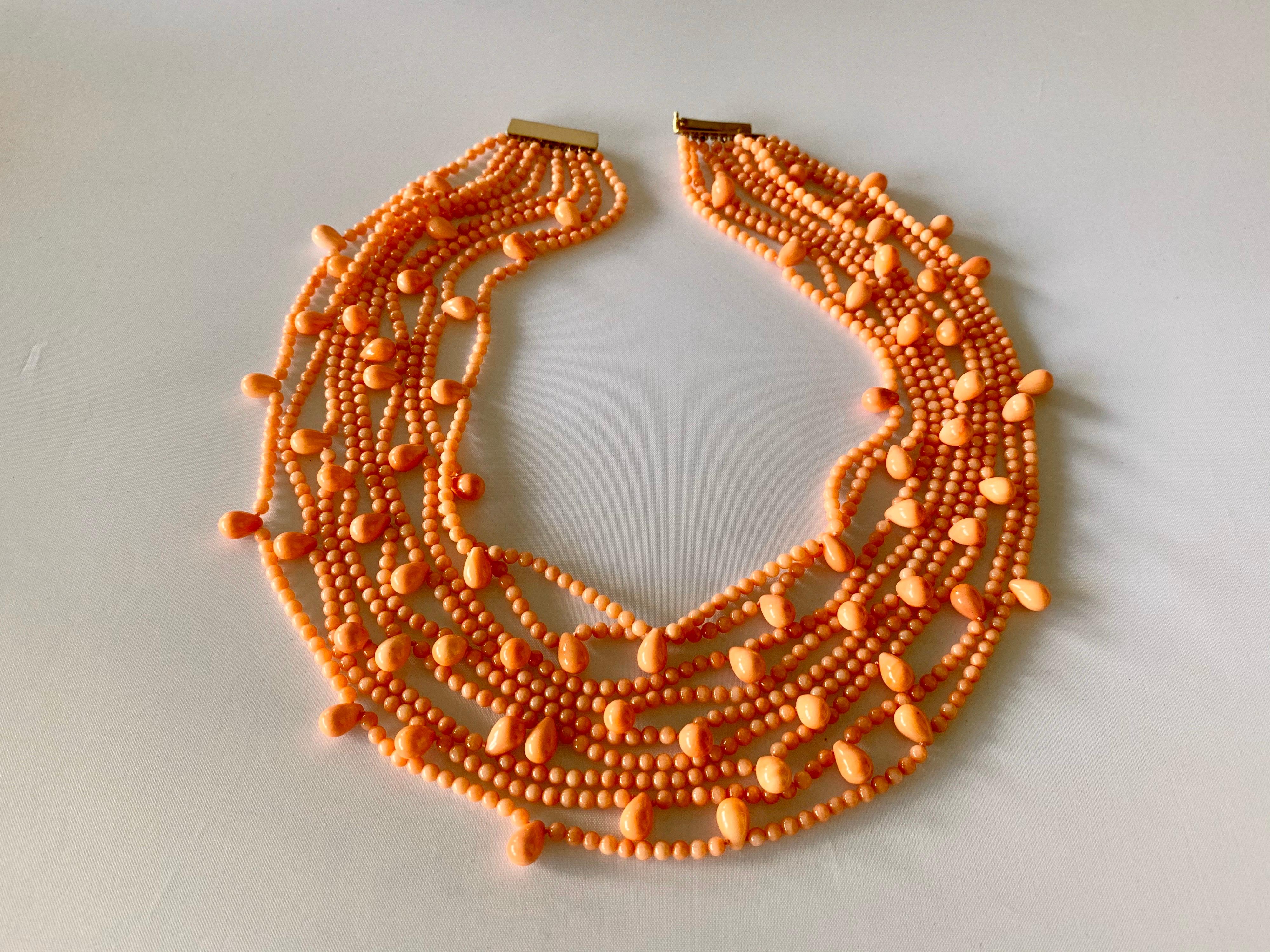 Vintage Multi-strand Pink Skin Coral Bib Necklace  2