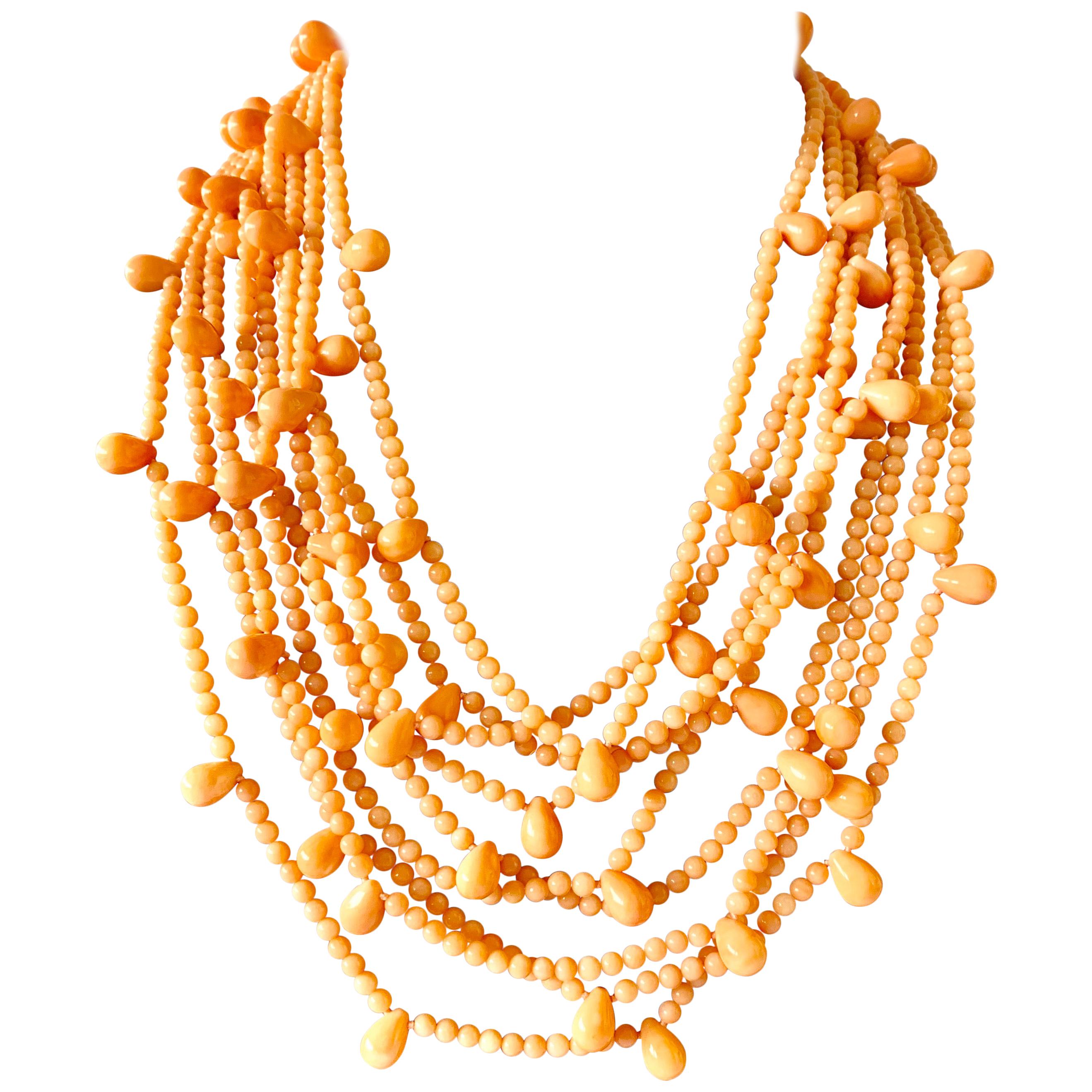 Vintage Multi-strand Pink Skin Coral Bib Necklace 