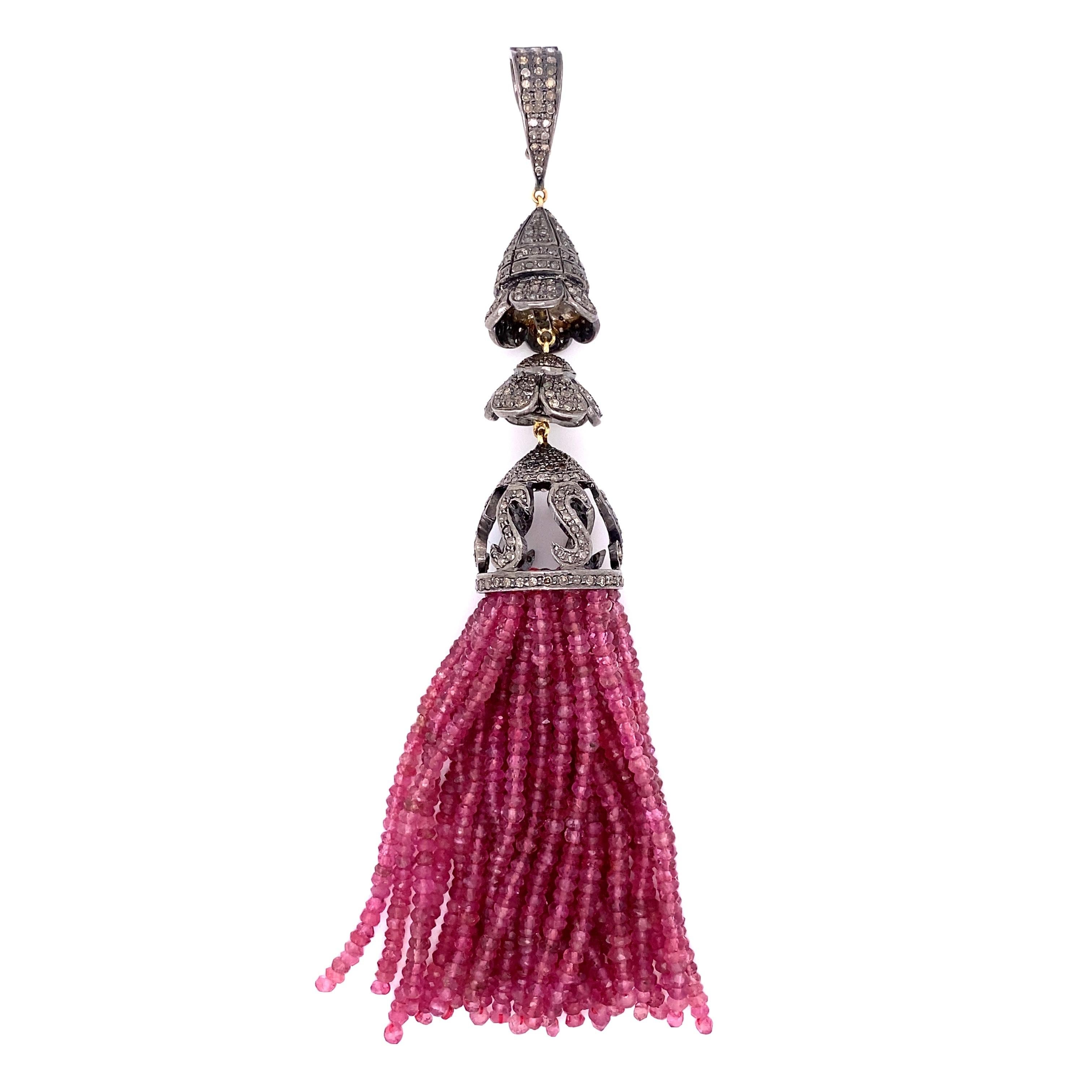 Simply Beautiful Designer Multi Strand Tourmaline and Diamond Tassel Drop Pendant. Finely detailed Hand crafted 14K Yellow Gold and 925 mounting. Hand set with Diamonds weighing approx. 4.15tcw, suspending multi strands of Tourmaline Gemstones.,