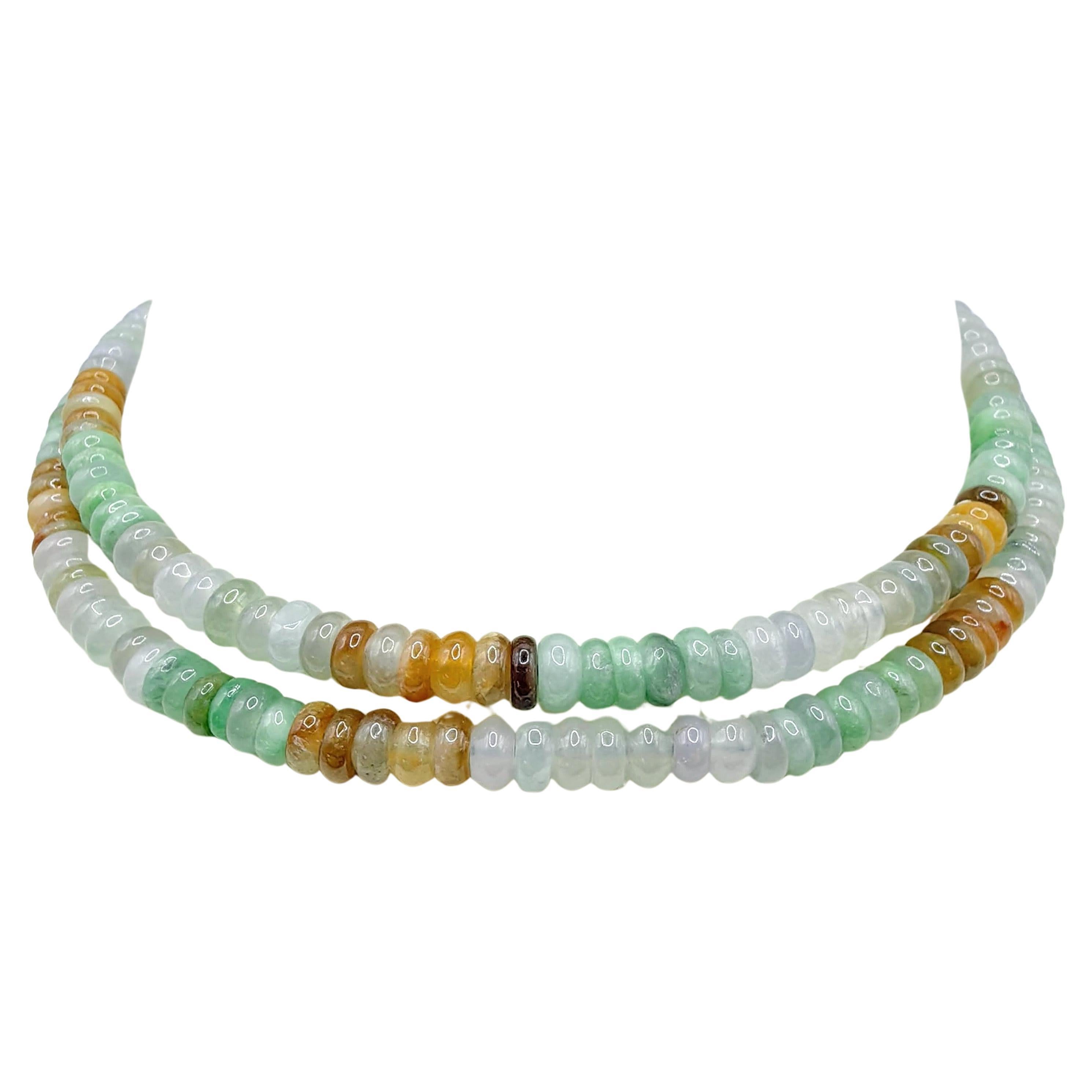 Vintage Multi-tone Natural Jadeite Jade Bead Necklace with 18K Yellow Gold Clasp