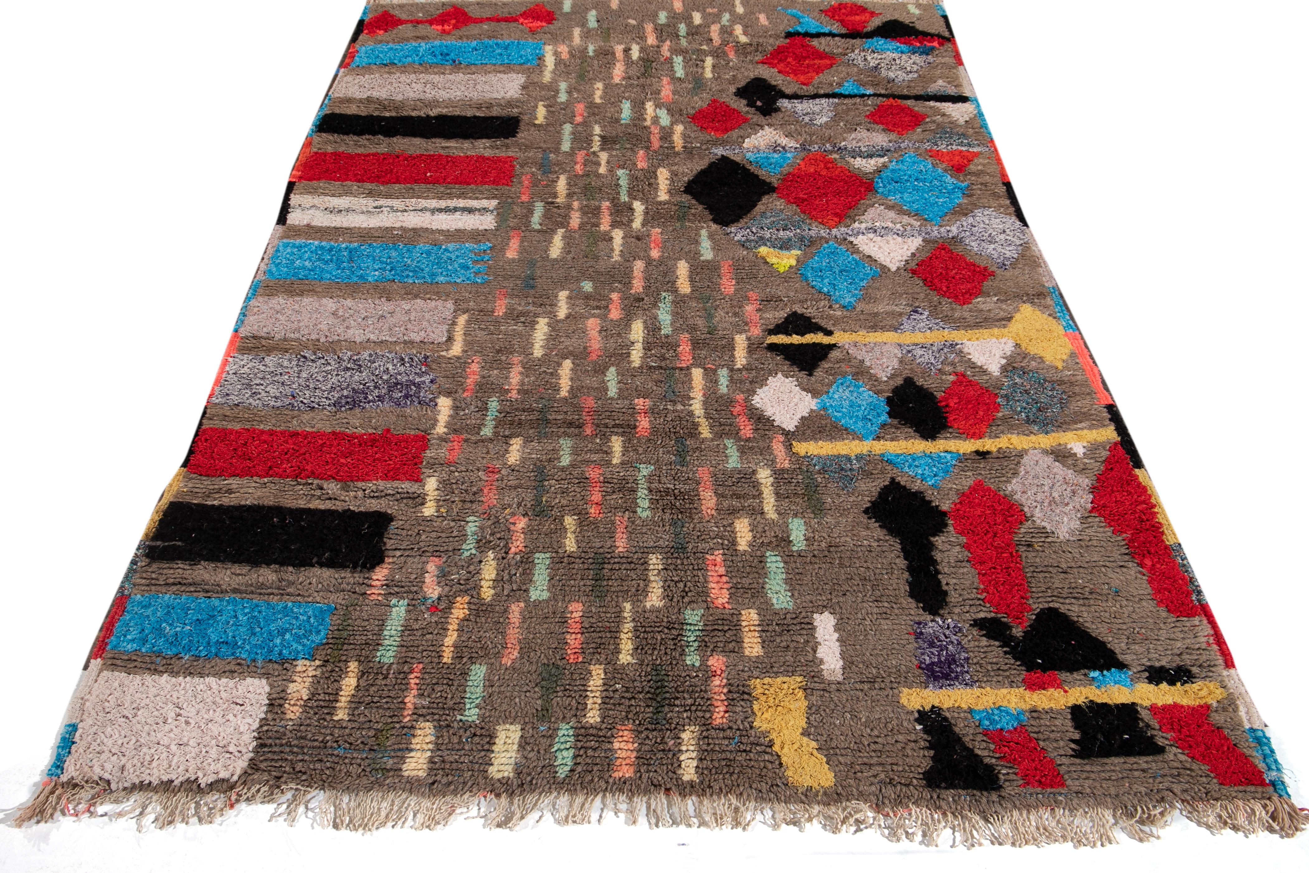 Mid-Century Modern Vintage Multi-Color Boujad Moroccan Handmade Wool Rug For Sale