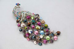 Vintage Multicolor Chrystal Stone Silver Tone Peacock Brooch