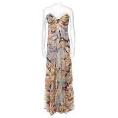 Vintage Multicolor Floral and Hexagon Print Layered Silk Chiffon Gown L