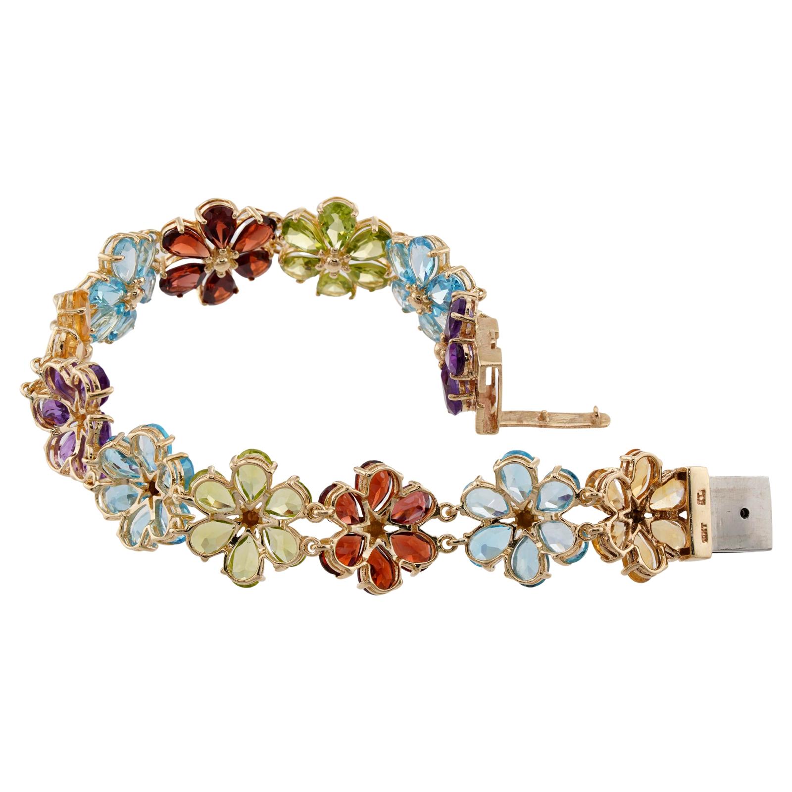 Pear Cut Vintage Multicolor Gemstone Yellow Gold Flower Bracelet For Sale