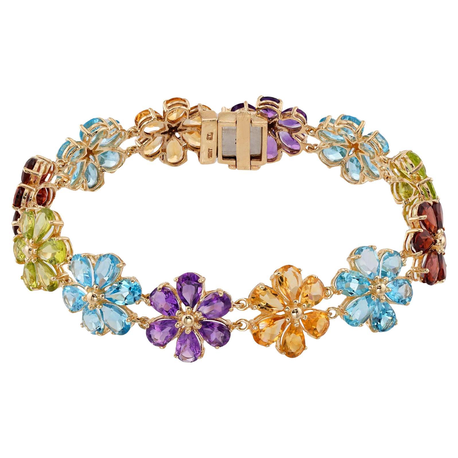 Vintage Multicolor Gemstone Yellow Gold Flower Bracelet For Sale