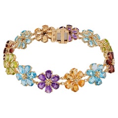 Vintage Multicolor Gemstone Yellow Gold Flower Bracelet