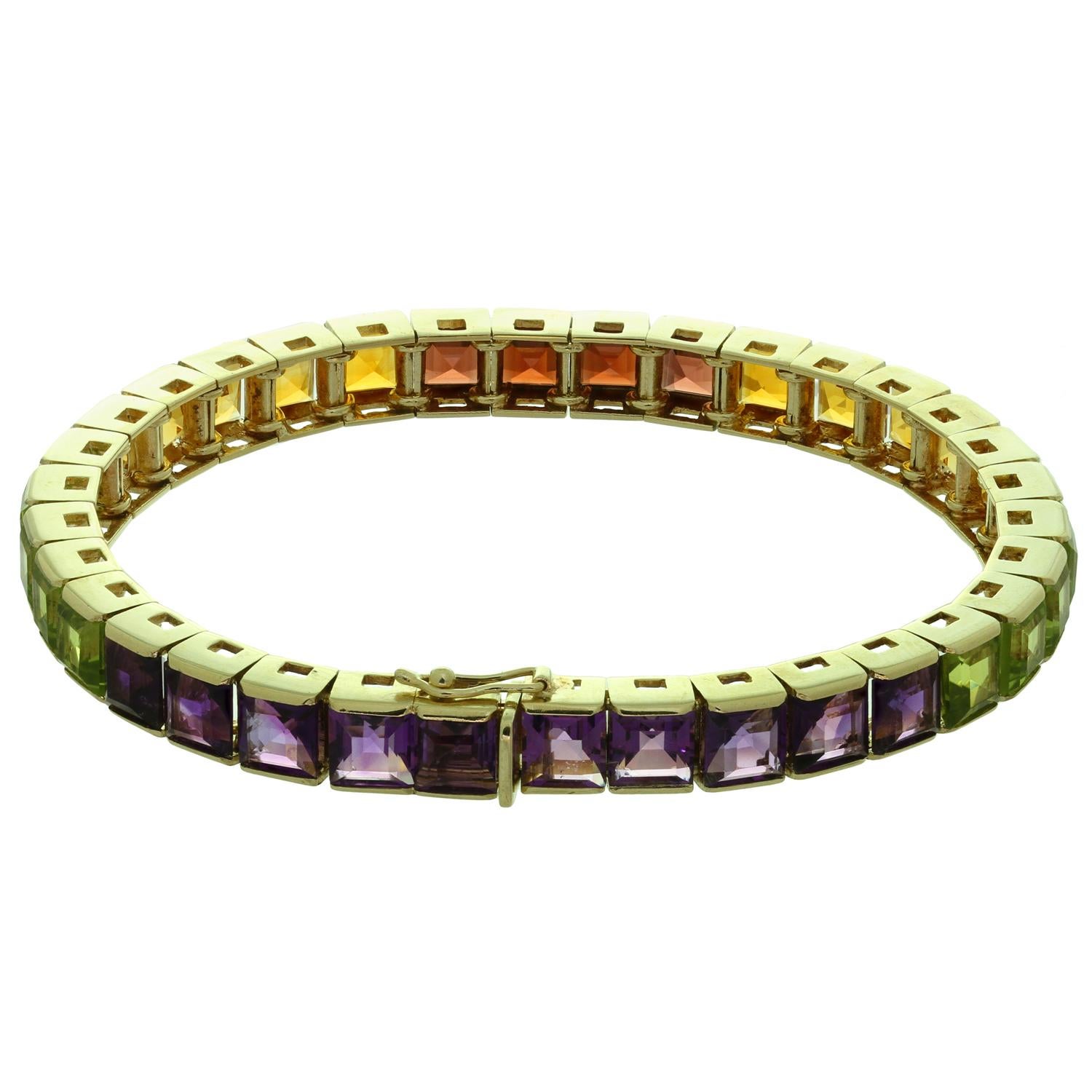 Square Cut Vintage Multicolor Gemstone Yellow Gold Rainbow Link Bracelet