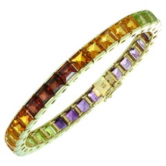 Vintage Multicolor Gemstone Yellow Gold Rainbow Link Bracelet
