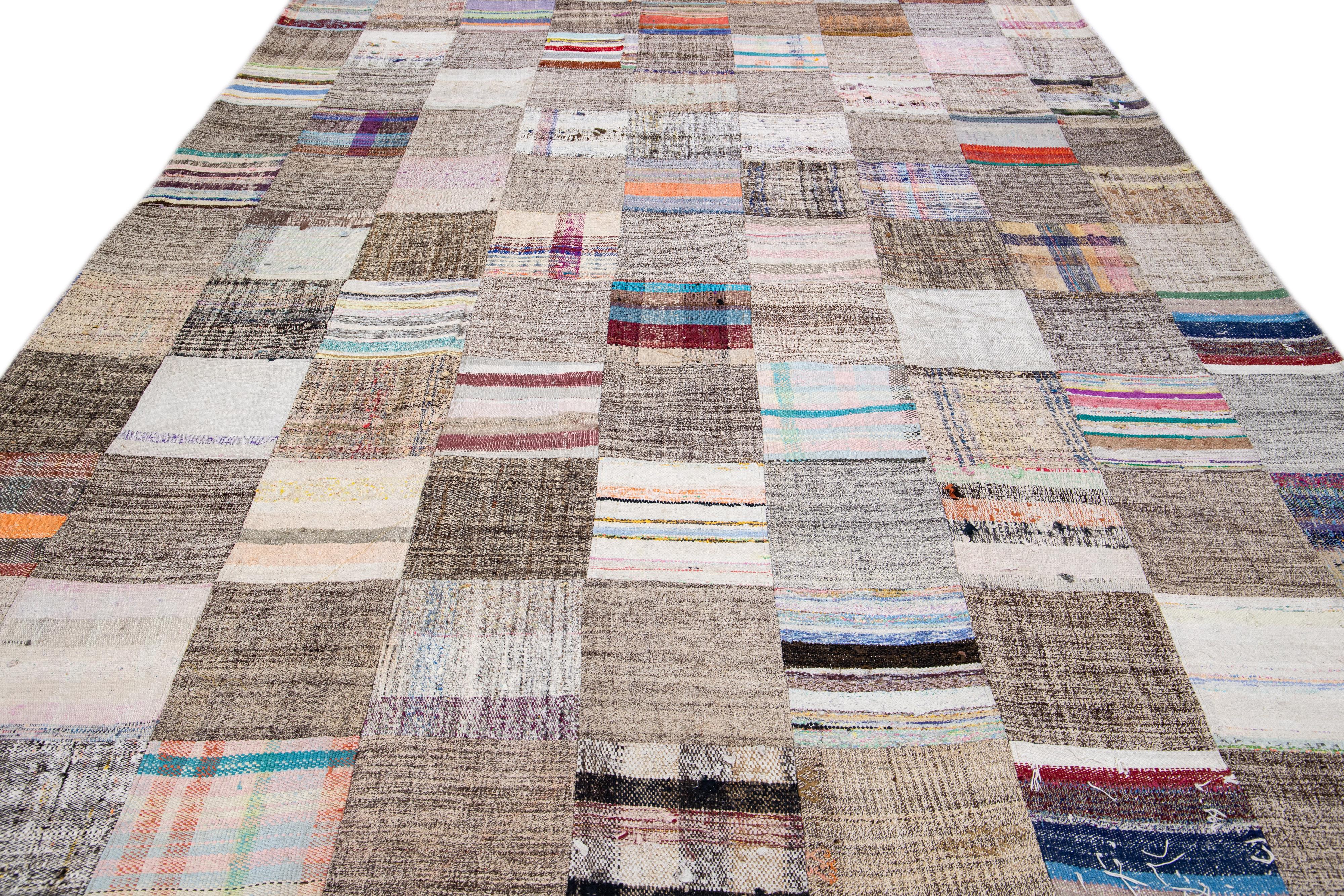 Mid-Century Modern Vintage Multicolor Handmade Patchwork Turkish Wool Rug For Sale