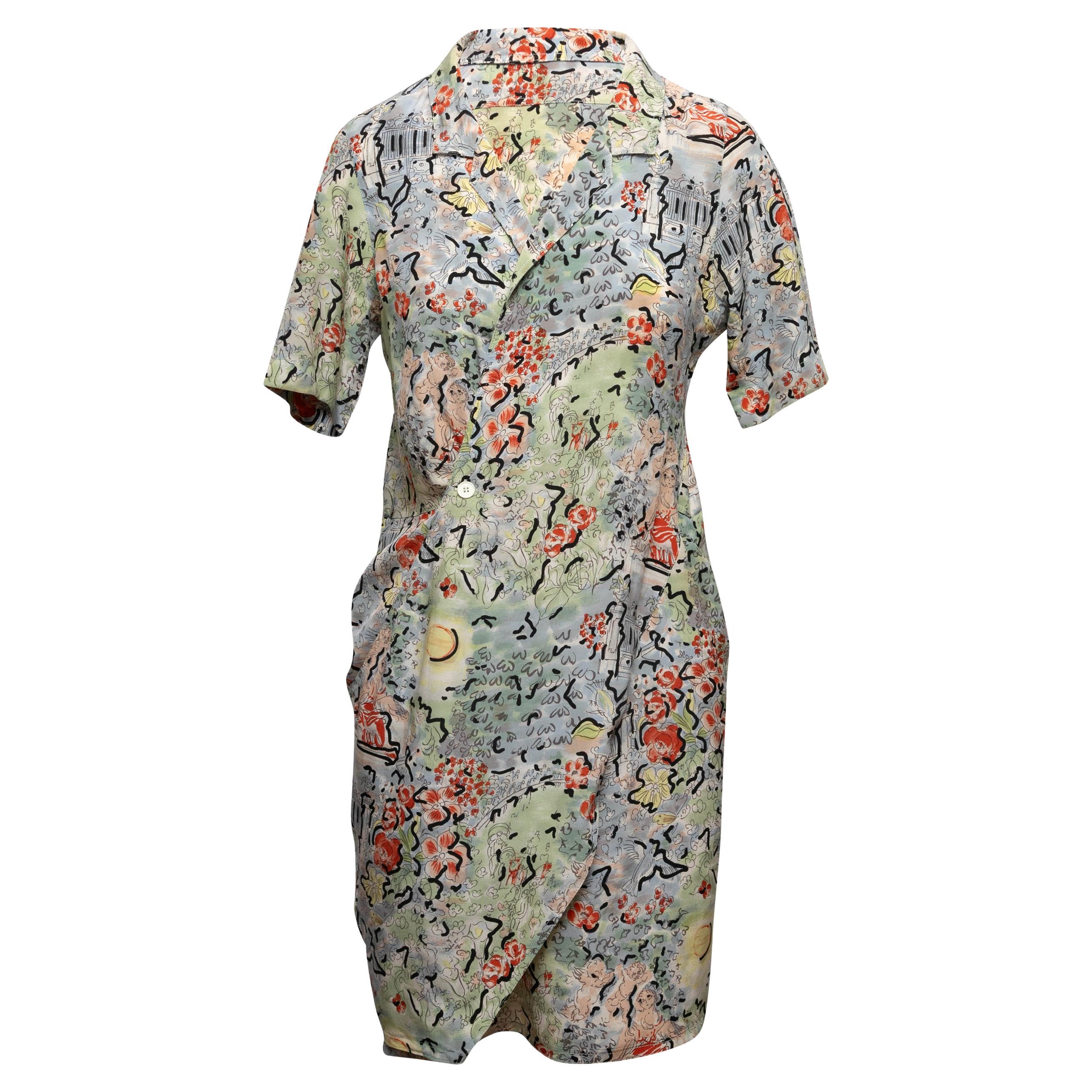 Vintage Multicolor Karl Lagerfeld for Bergdorf Goodman Printed Silk Dress Size E For Sale
