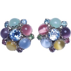 Vintage Multicolor Moonglow Glass and Rhinestone Cluster Clip-On Earrings