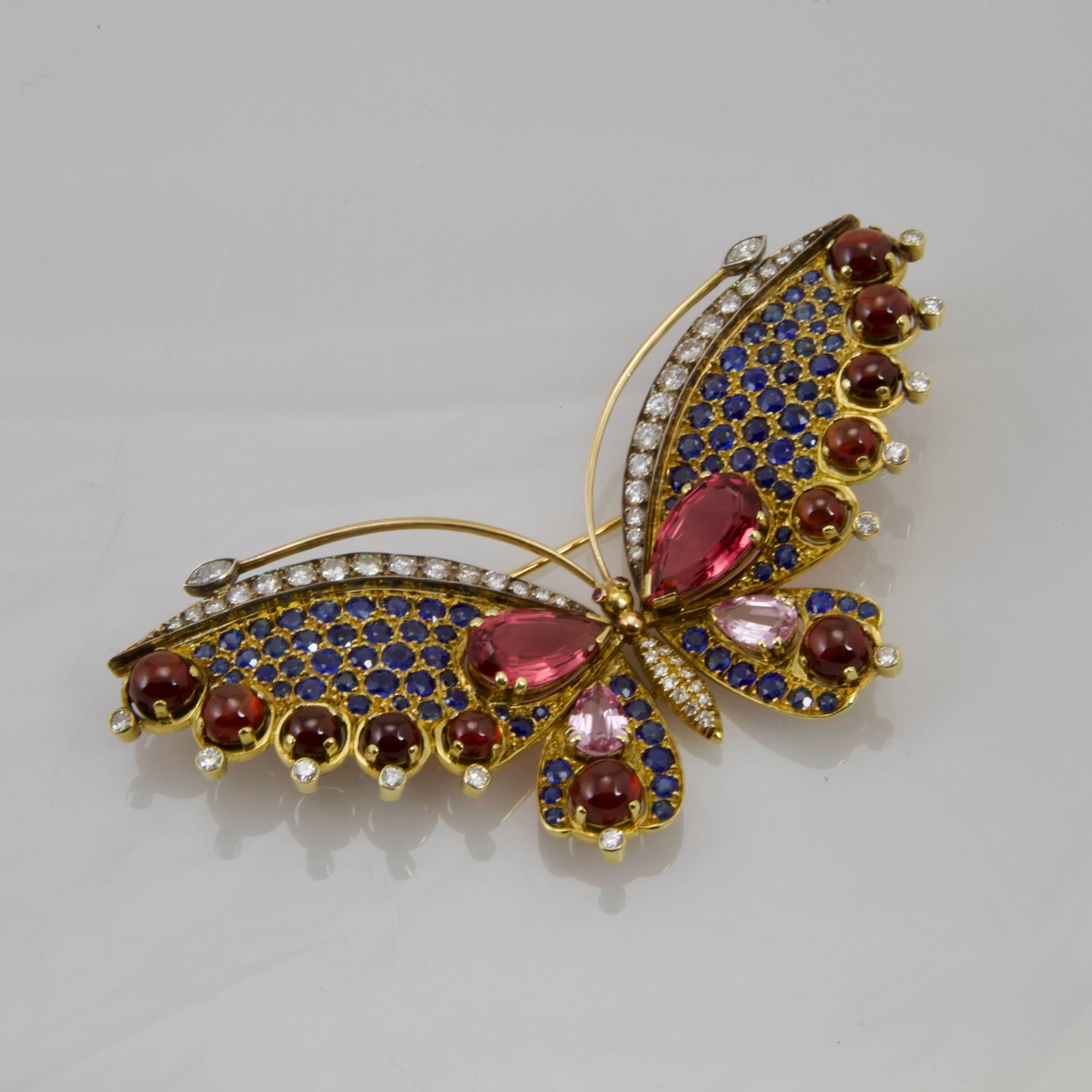 Modern French Multi-Gem Butterfly Pin For Sale
