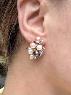 Vintage MultiColored Cultured Pearl Cluster Earrings 14K White Gold