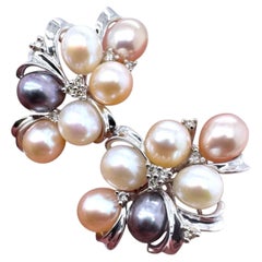 Vintage MultiColored Cultured Pearl Cluster Earrings 14K White Gold