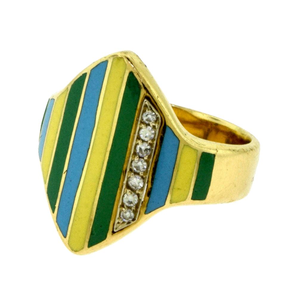 Vintage Multicolored Enamel and Diamond Yellow Gold Ring For Sale
