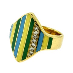 Bague vintage en or jaune avec émail multicolore et diamants