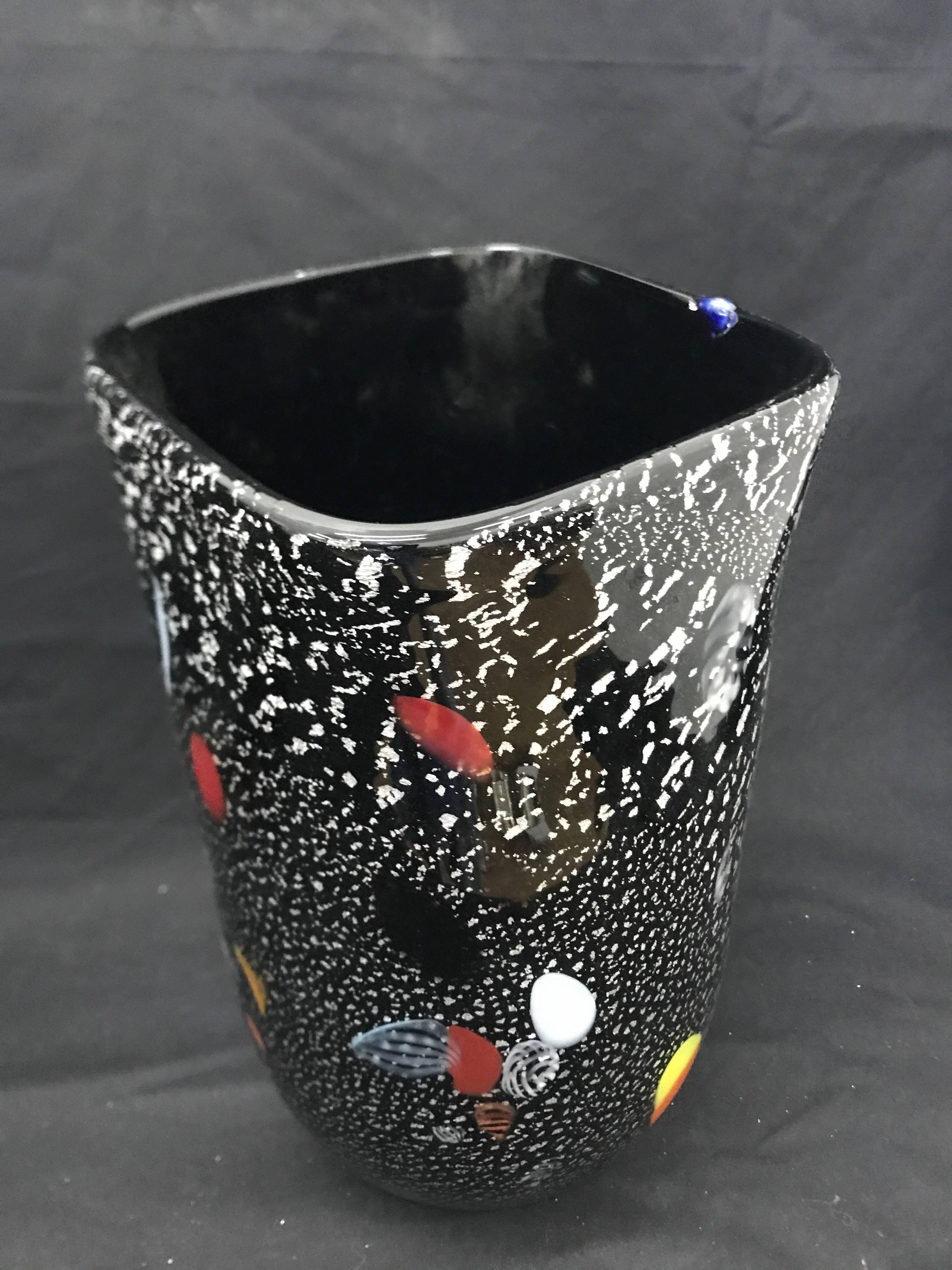 Modern 1980s Barbini style Black and White Murano Glass and Murrina Insert Italian Vase For Sale