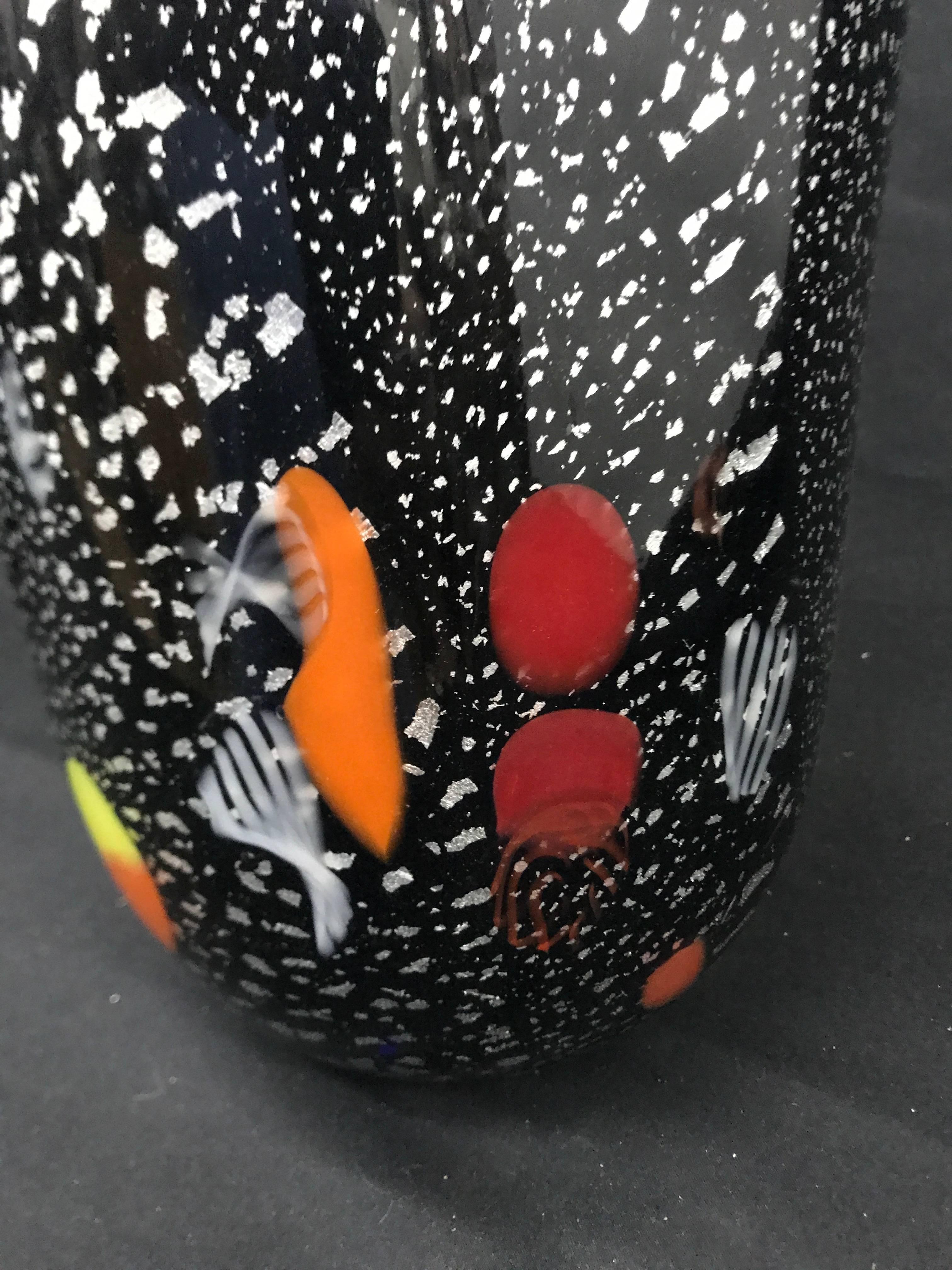 Hand-Crafted 1980s Barbini style Black and White Murano Glass and Murrina Insert Italian Vase For Sale