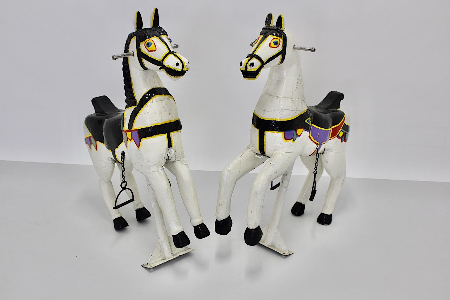 Folk Art Antique Vintage Multicolored Pair of Wood Carousel Horses Austria, circa 1890 For Sale