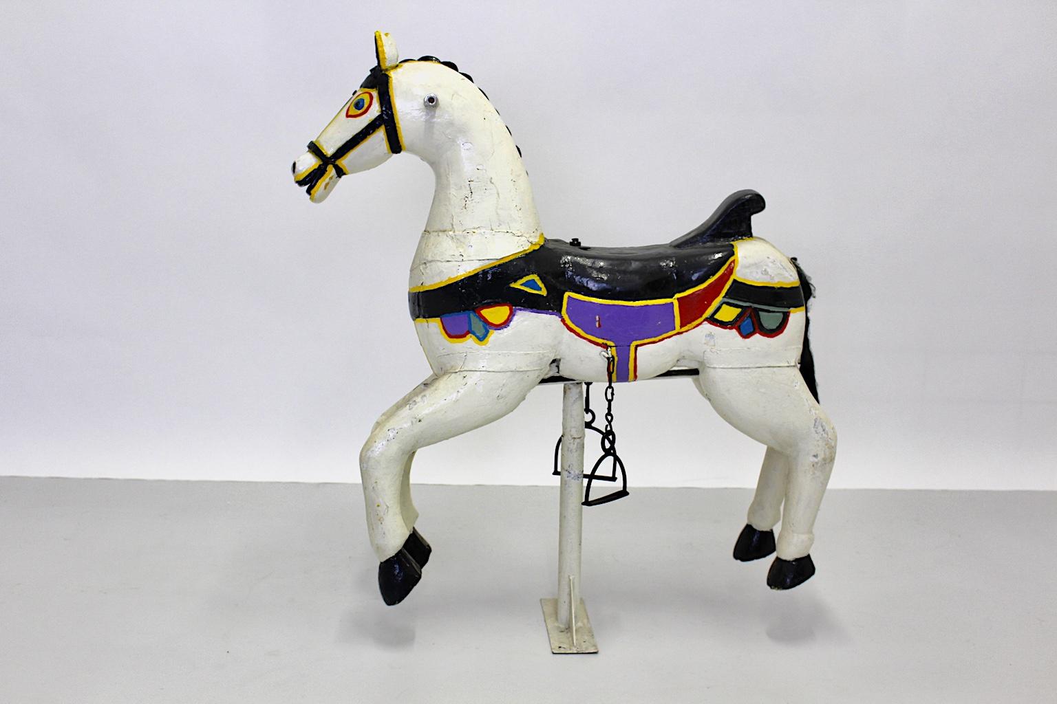 Antique Vintage Multicolored Pair of Wood Carousel Horses Austria, circa 1890 For Sale 2