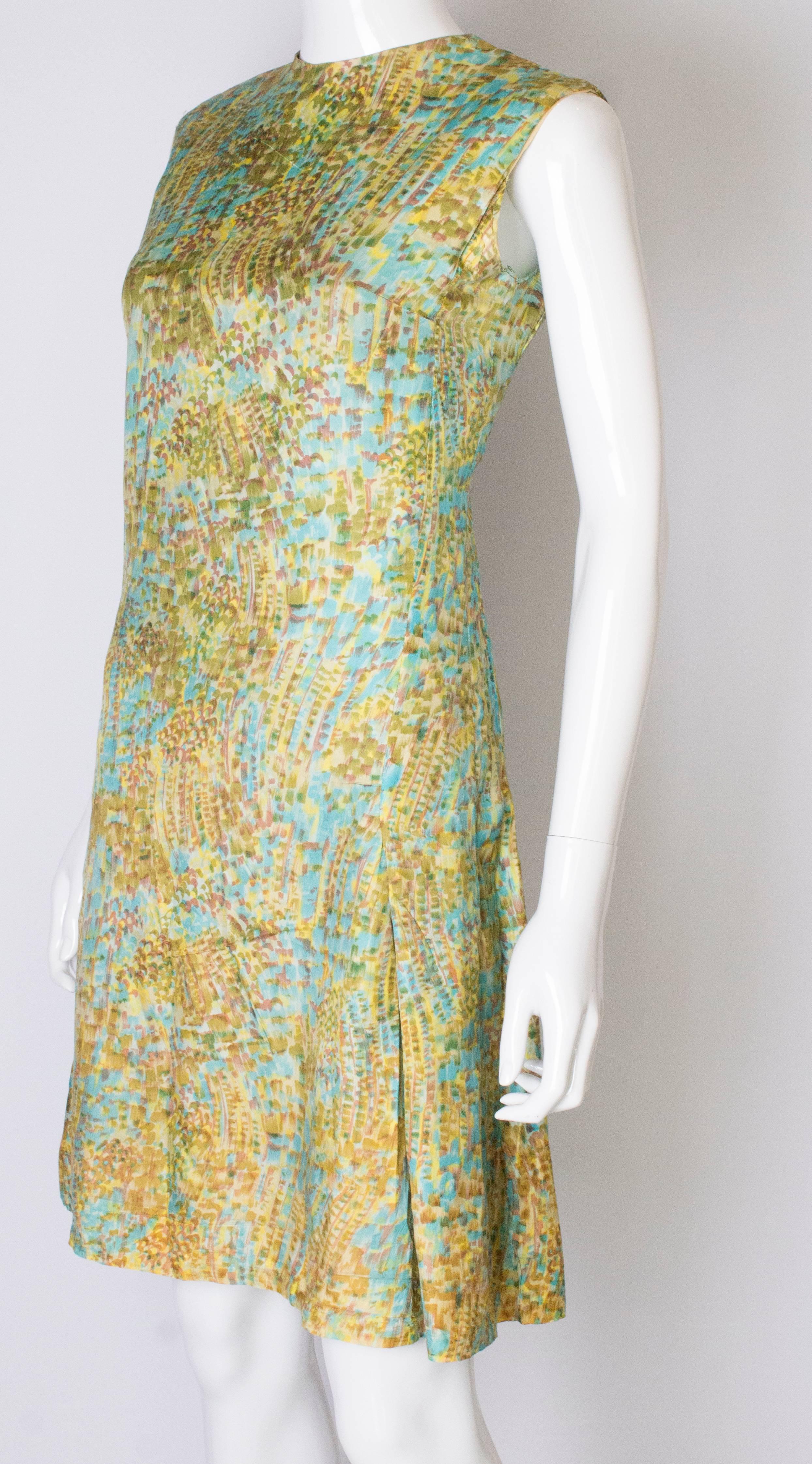 Beige Vintage Multicolour Silk Shift Dress For Sale