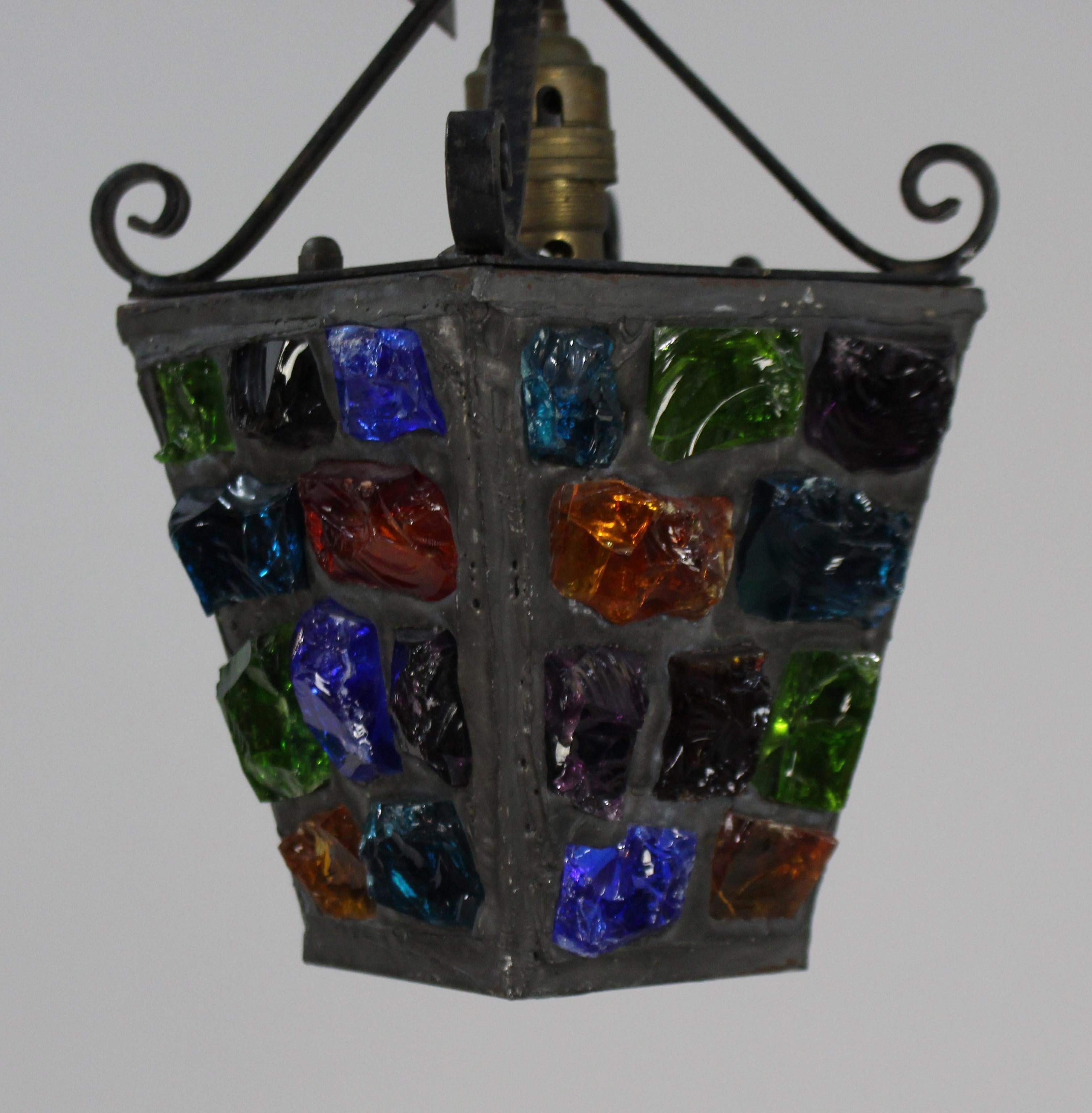 British  Vintage Multicoloured Rock Crystal Peter Marsh Metal Lantern