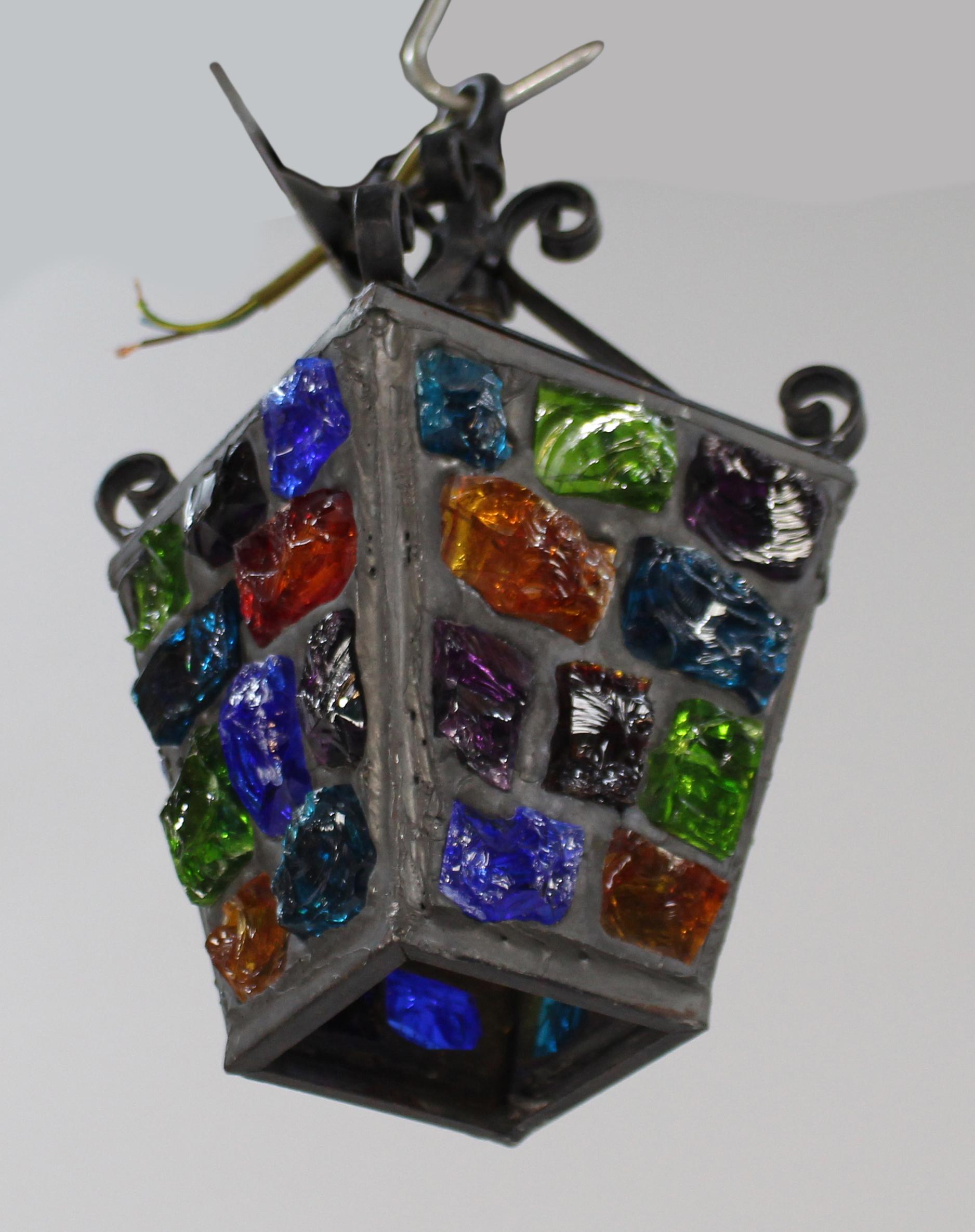  Vintage Multicoloured Rock Crystal Peter Marsh Metal Lantern In Good Condition In Worcester, GB