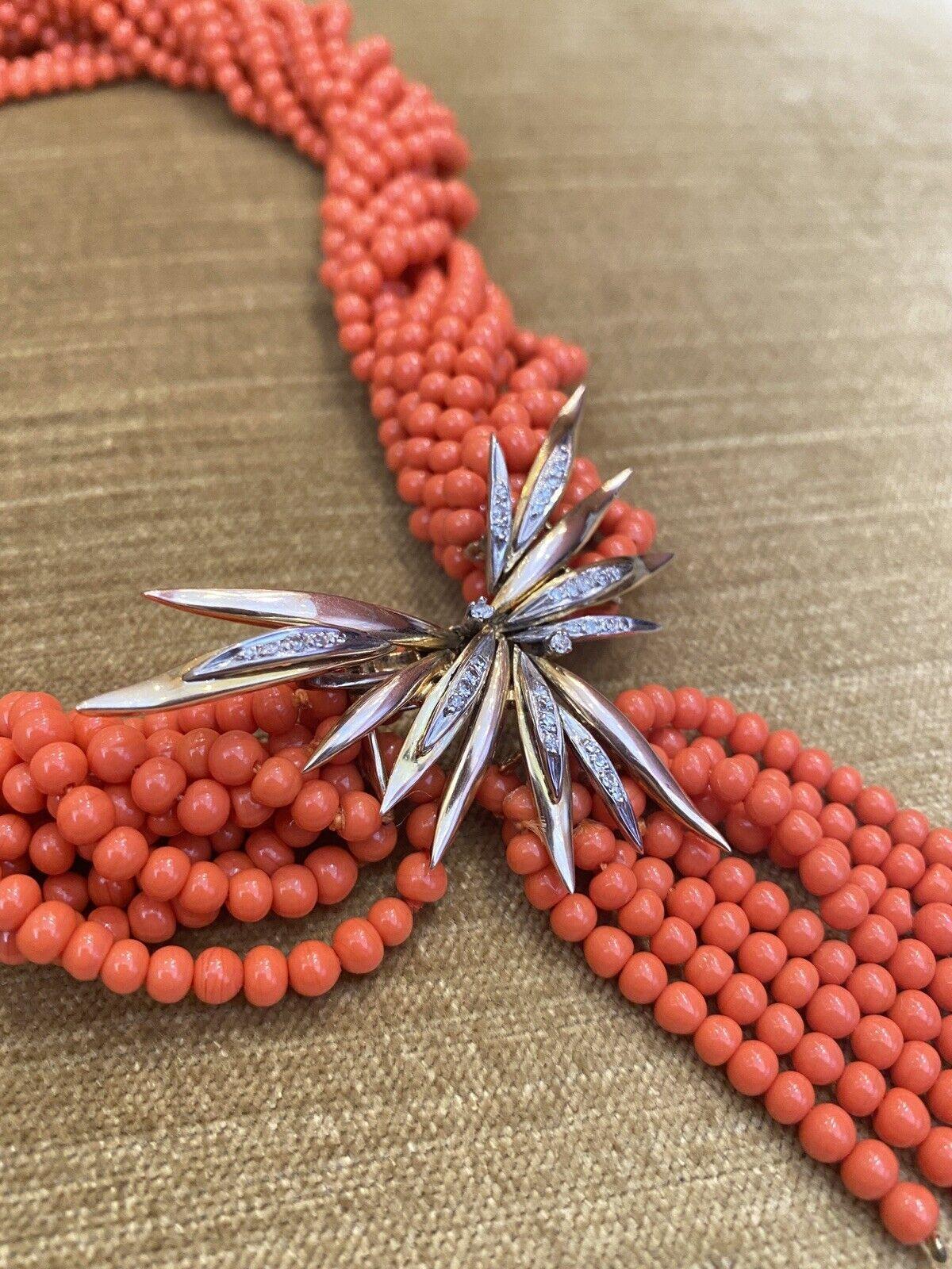 Bead Vintage Multistrand Coral and Diamond Necklace 14k Yellow and White Gold For Sale