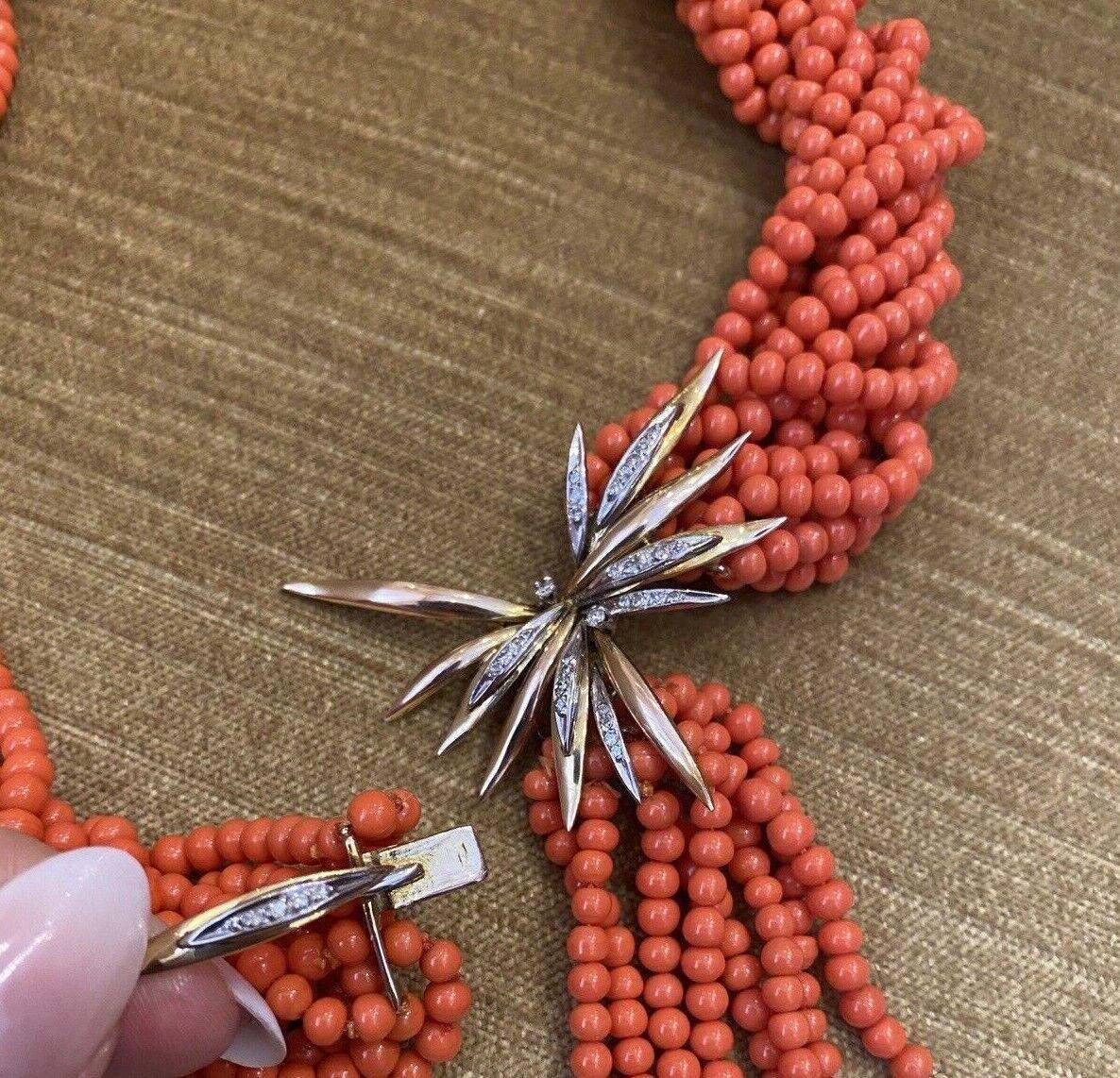 Vintage Multistrand Coral and Diamond Necklace 14k Yellow and White Gold In Excellent Condition For Sale In La Jolla, CA