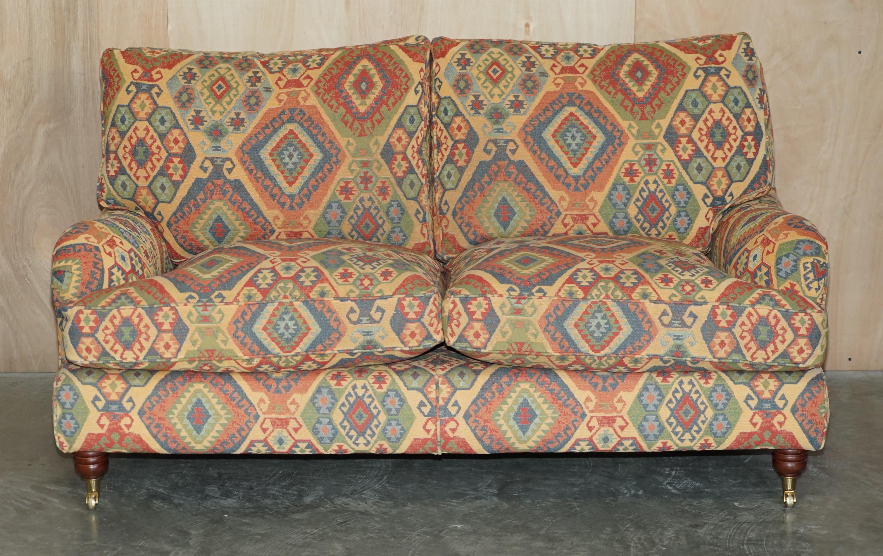 English Vintage Multiyork Kilim Upholstered Howard & Son's Style Armchair & Sofa Suite