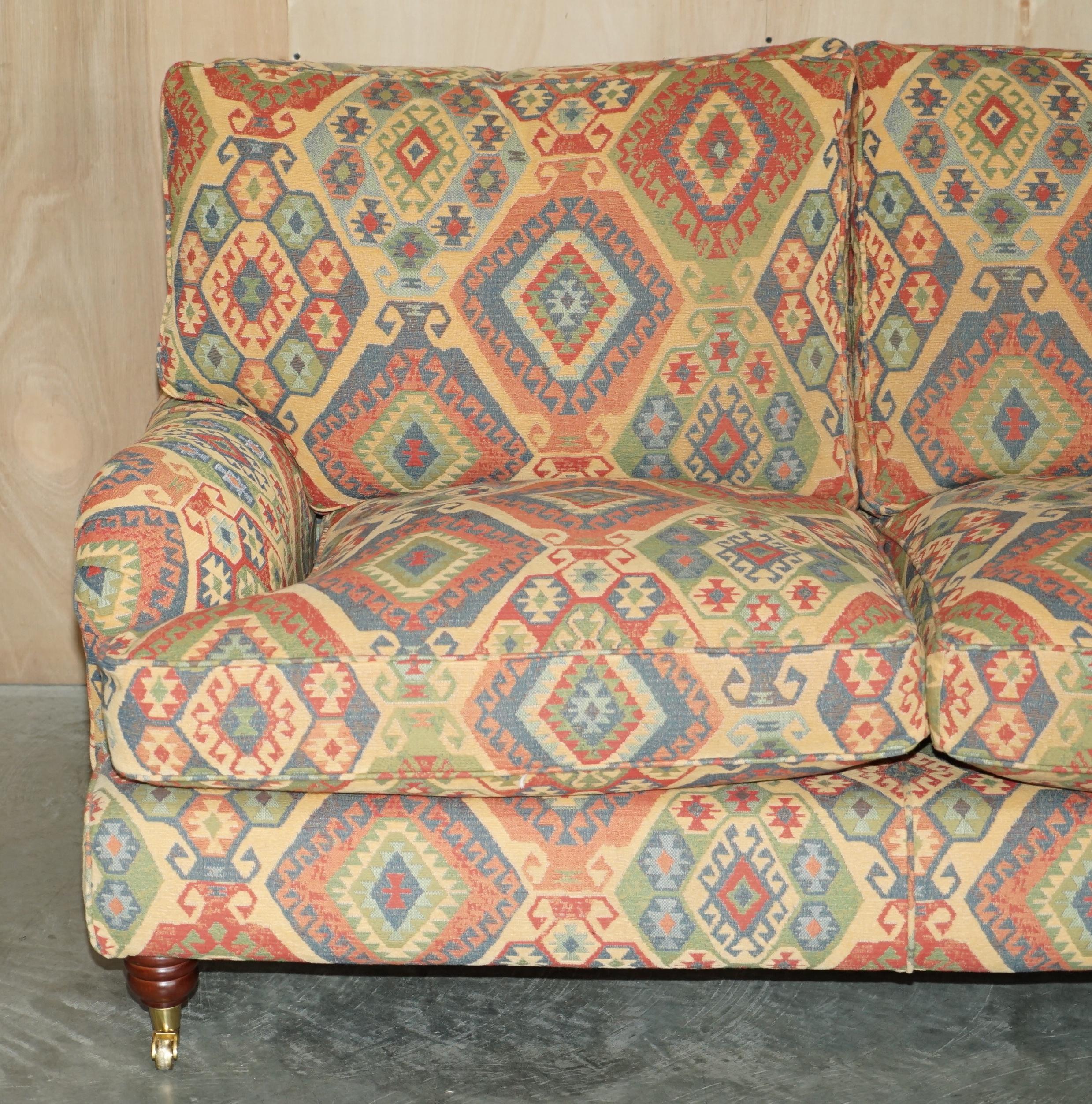 English Vintage Multiyork Kilim Upholstered Howard & Son's Style Armchair & Sofa Suite