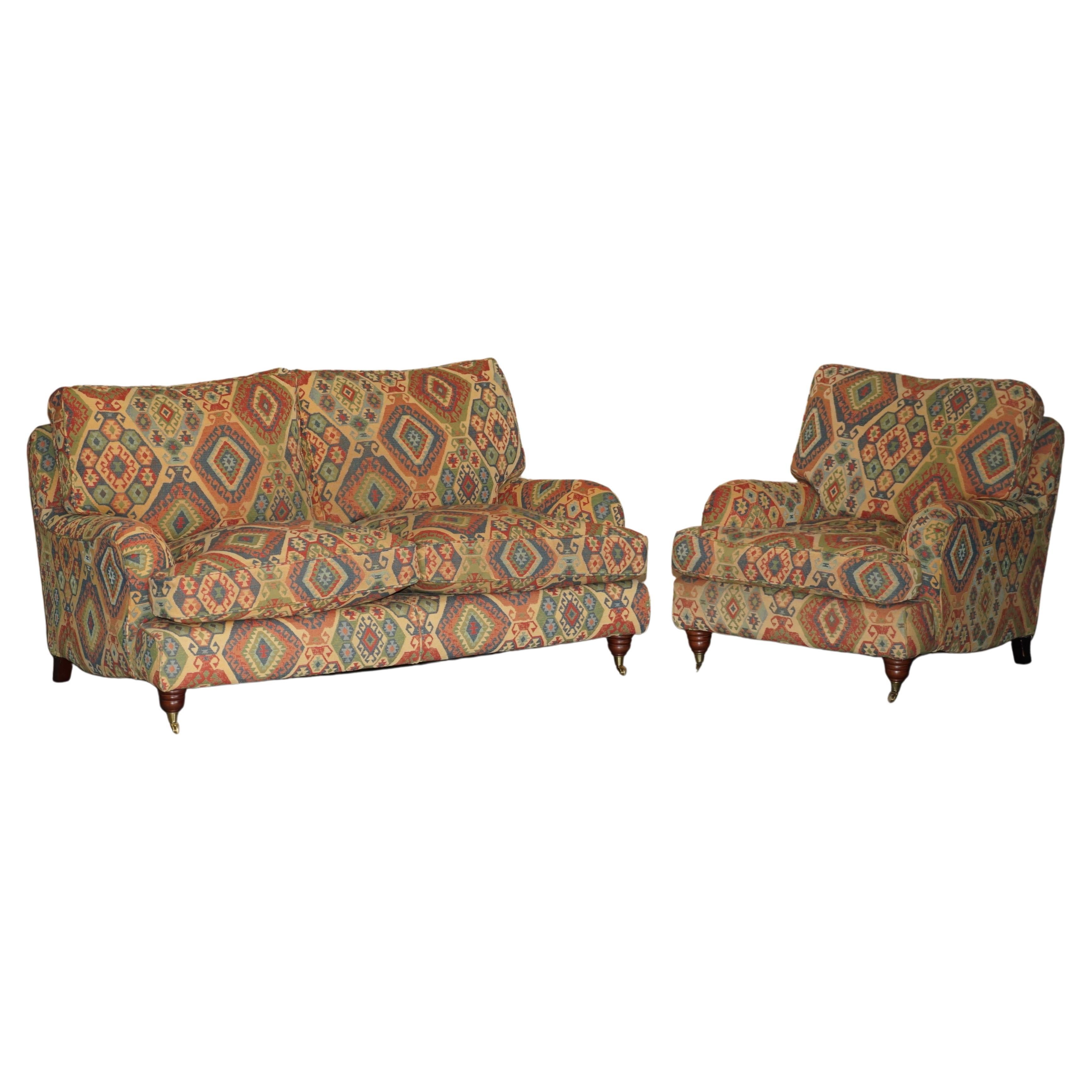 Vintage Multiyork Kilim Upholstered Howard & Son's Style Armchair & Sofa Suite