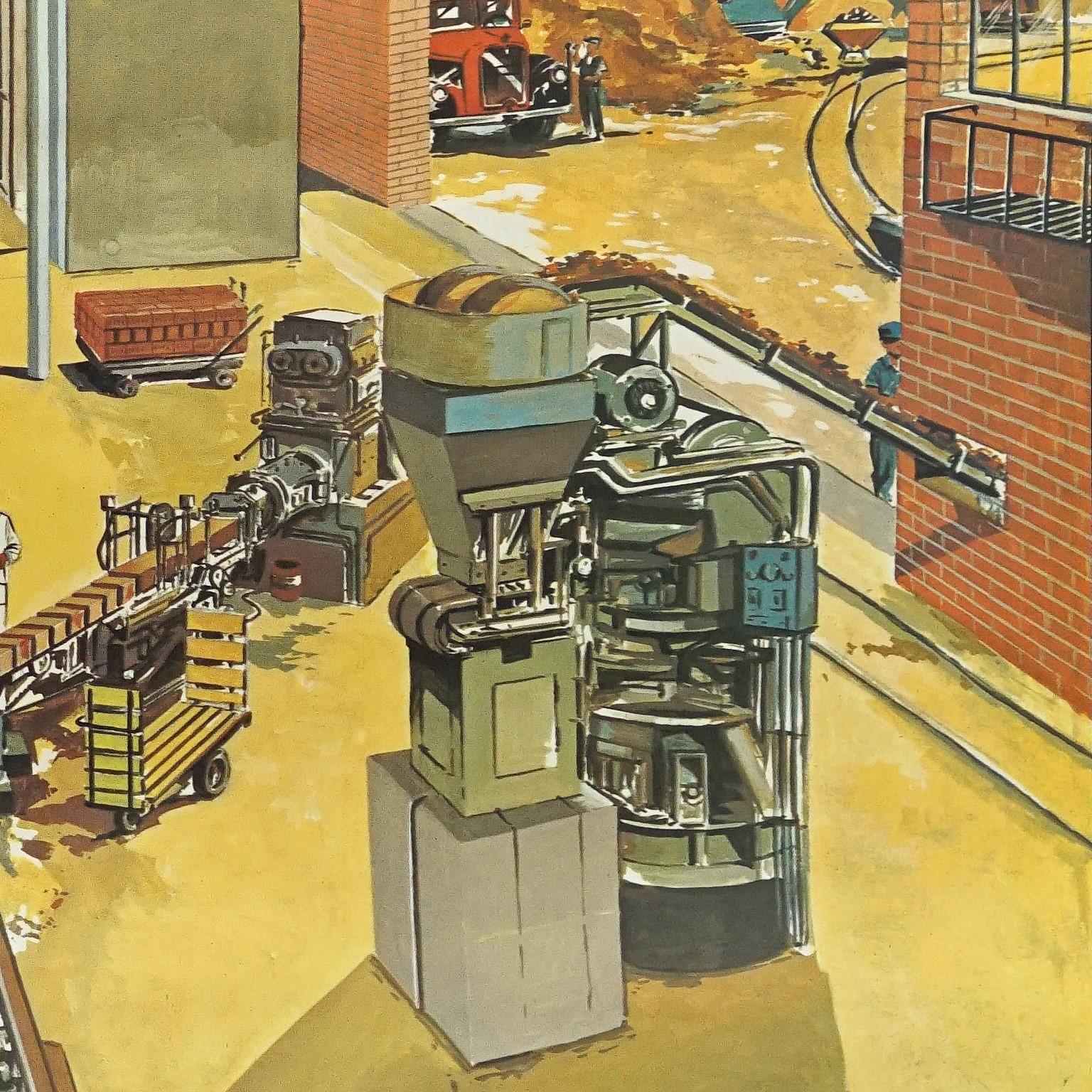 Mid-20th Century Vintage Mural Industrial Plant Rollable Wall Chart View into a Brickyard Factory For Sale