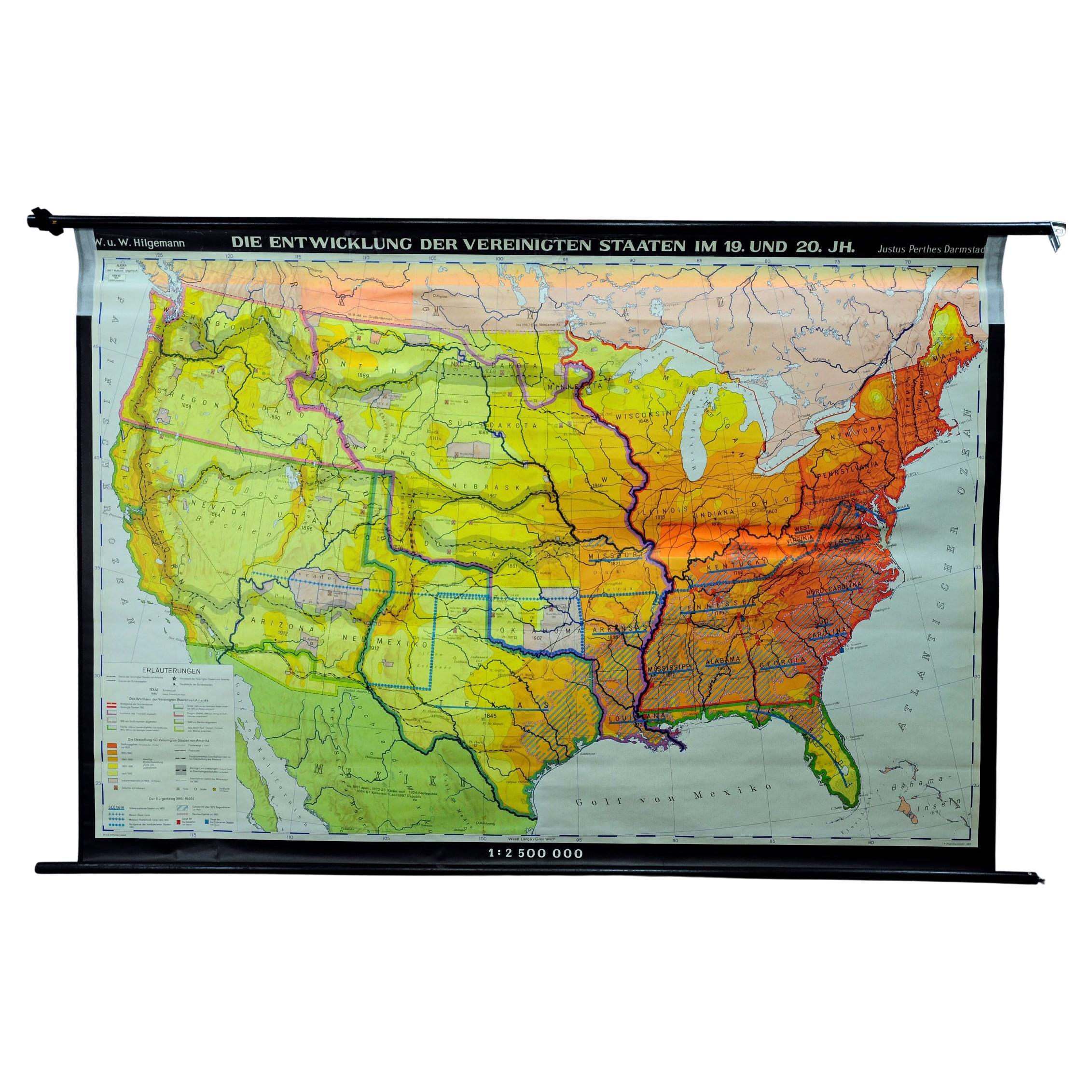 Vintage Mural Map United States Development in the 19th and 20th centuries For Sale