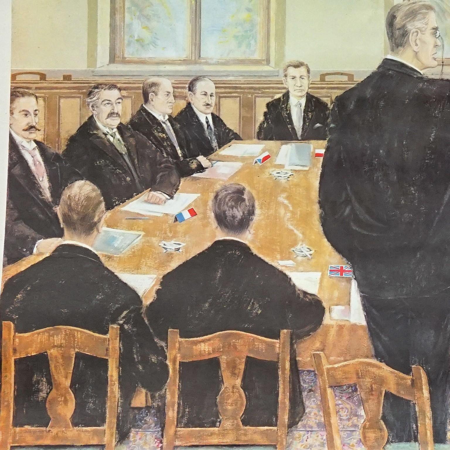 Die Vintage-Wandtafel zeigt eine Szene bei der Unterzeichnung des Vertrags von Locarno, Weimarer Republik, Ende des Ersten Weltkriegs. Farbenfroher Druck auf mit Leinwand verstärktem Papier.
Abmessungen:
Breite 76 cm (29,92 Zoll)
Höhe 55 cm (21,65