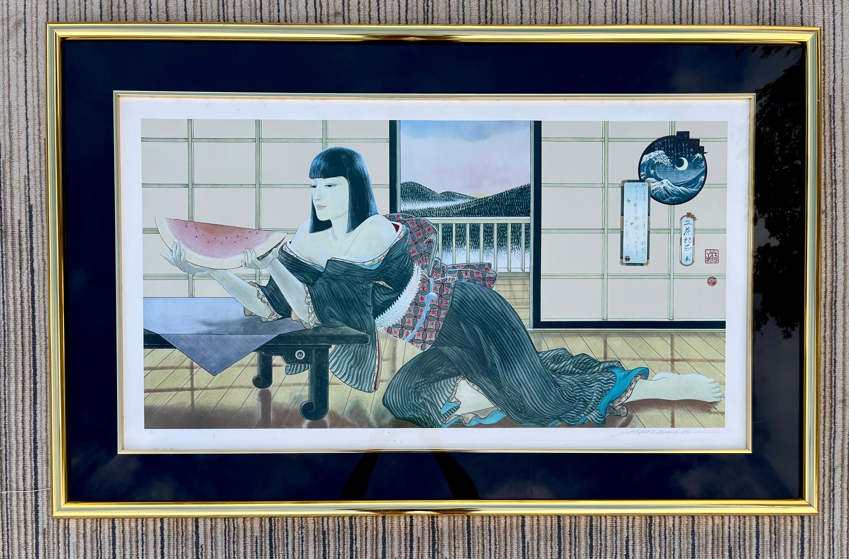 Großformatiger Muramasa Kudo, Wassermelone, Printer Proof Siebdruck, vom Künstler mit Bleistift signiert und nummeriert. Etwa 1980er Jahre 
Gerahmt mit einem plissierten Messingrahmen, geschützt mit Plexiglas. 
Bereit zum Aufhängen 
Künstler: