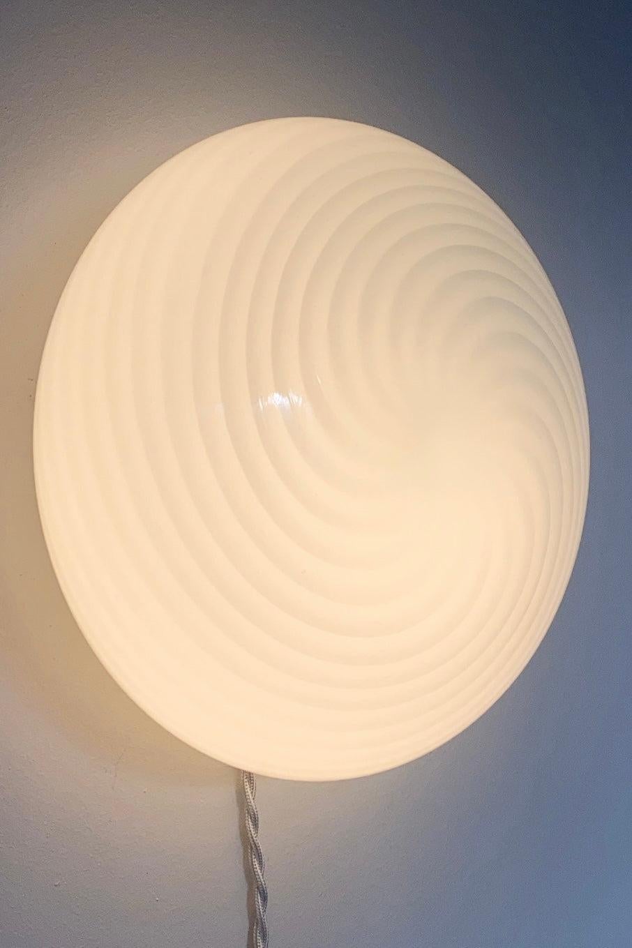 Vintage Murano 1970s Flush Mount Wall Ceiling Lamp in White Swirl Glass 5