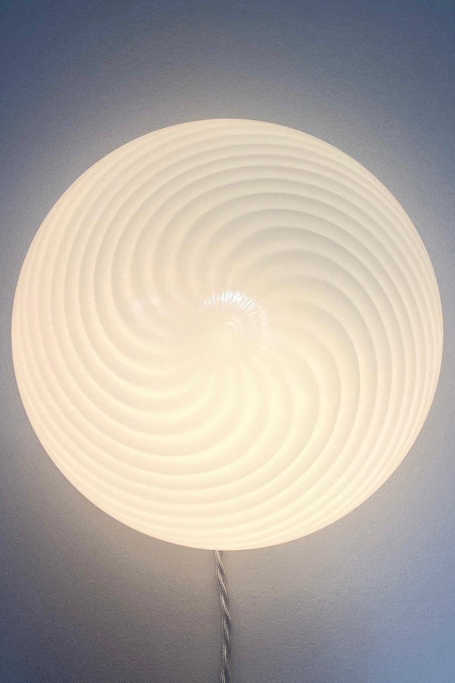 Vintage Murano 1970s Flush Mount Wall Ceiling Lamp in White Swirl Glass 8