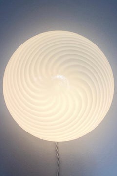 Vintage Murano 1970s Flush Mount Wall Ceiling Lamp in White Swirl Glass