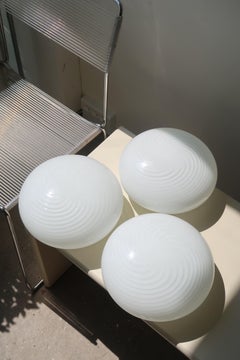 Vintage Murano 1970s Flush Mount Wall Ceiling Lamp in White Swirl Glass