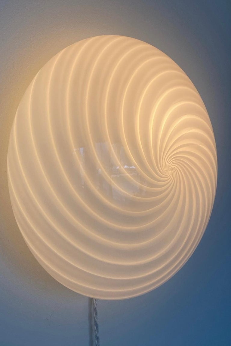 Vintage Murano 1970s Flush Mount Wall Ceiling Lamp in White Swirl Glass