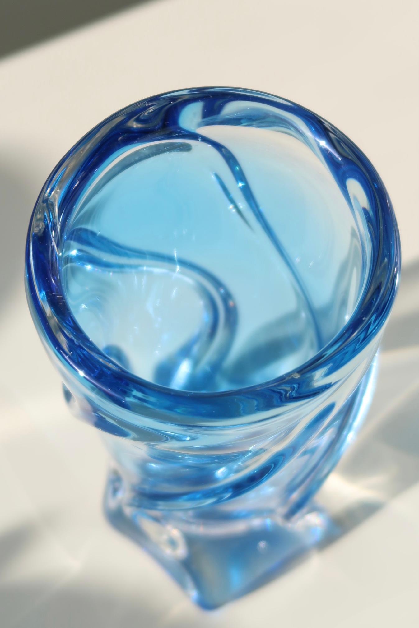 Murano Glass Vintage Murano 1970s Italian Blue Sommerso Swirl Glass Vase For Sale