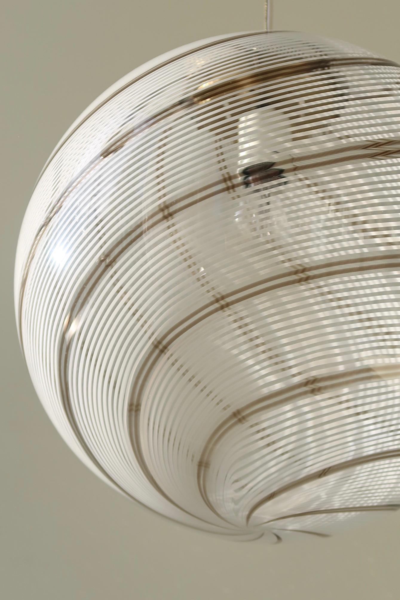 Murano Glass Vintage Murano Filigrana Sphere Globe Swirl Glass Pendant Lamp