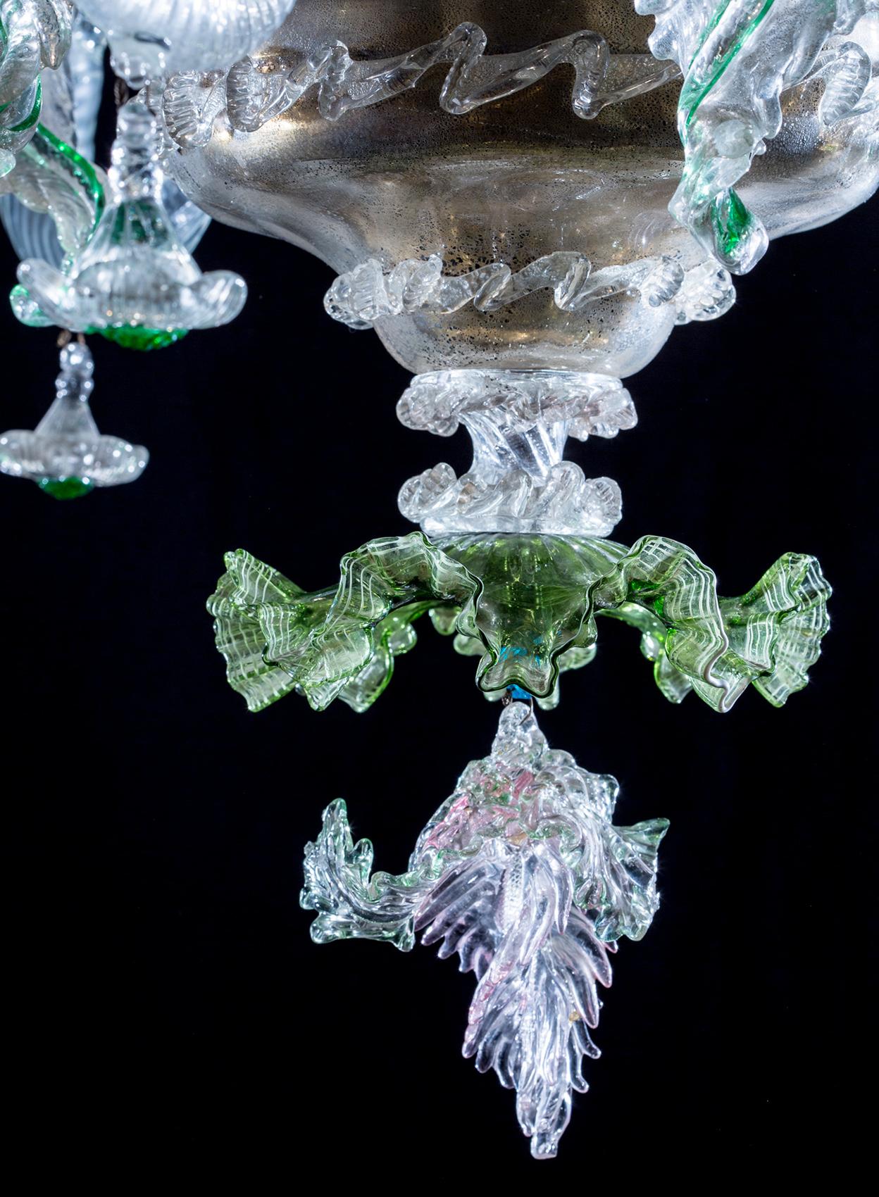 Lustre vintage Murano à 5 lumières, verre soufflé à la main, détails floraux verts en vente 1