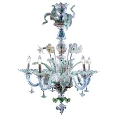Vintage Murano 5-Light Chandelier, Hand-Blown Glass, Green Floral Details