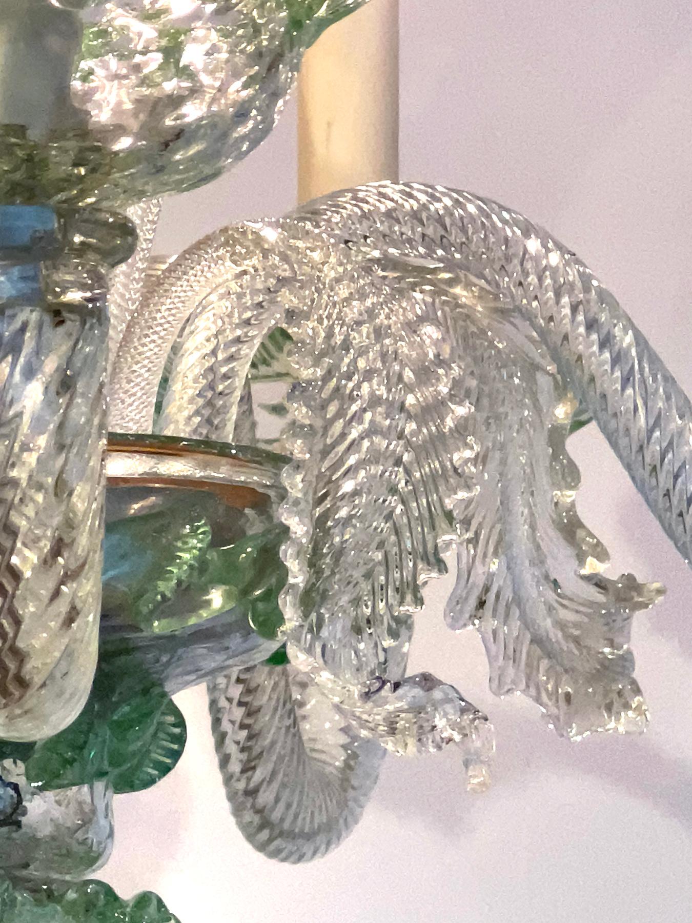 Lampadario vintage di Murano a 5 luci in vetro trasparente con accenti verde pallido In condizioni buone in vendita a San Francisco, CA