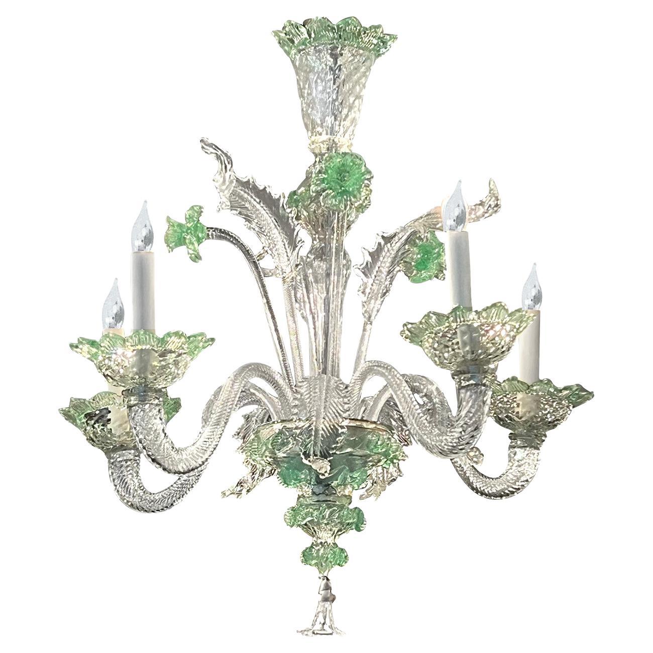 Lampadario vintage di Murano a 5 luci in vetro trasparente con accenti verde pallido